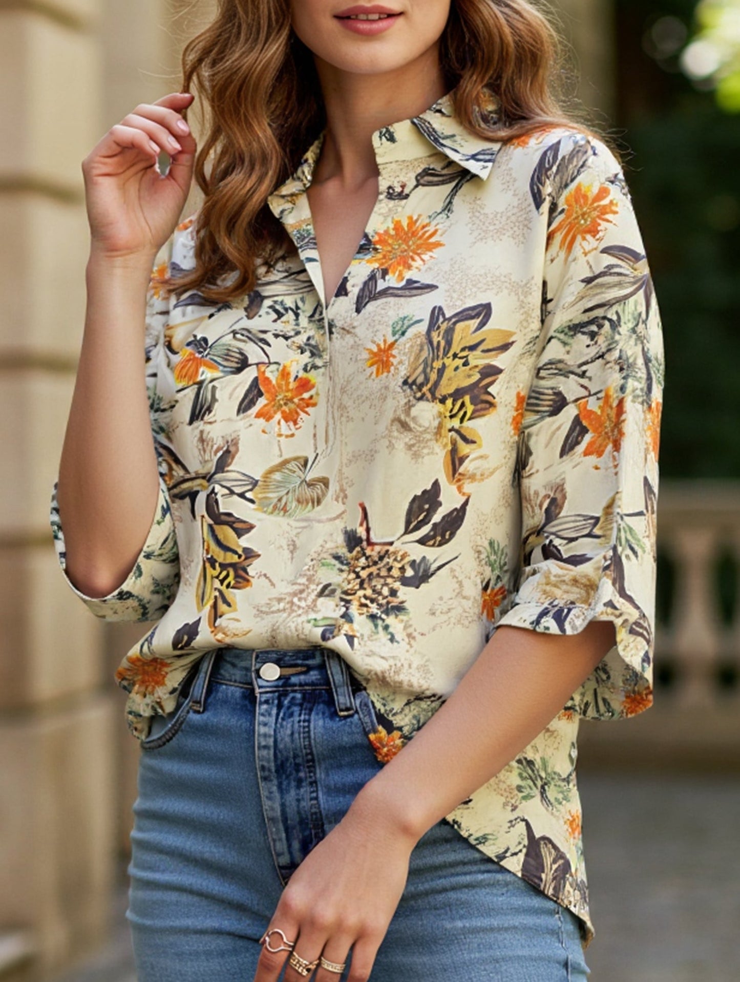 Women's Floral Print Button-Down Collar Shirt