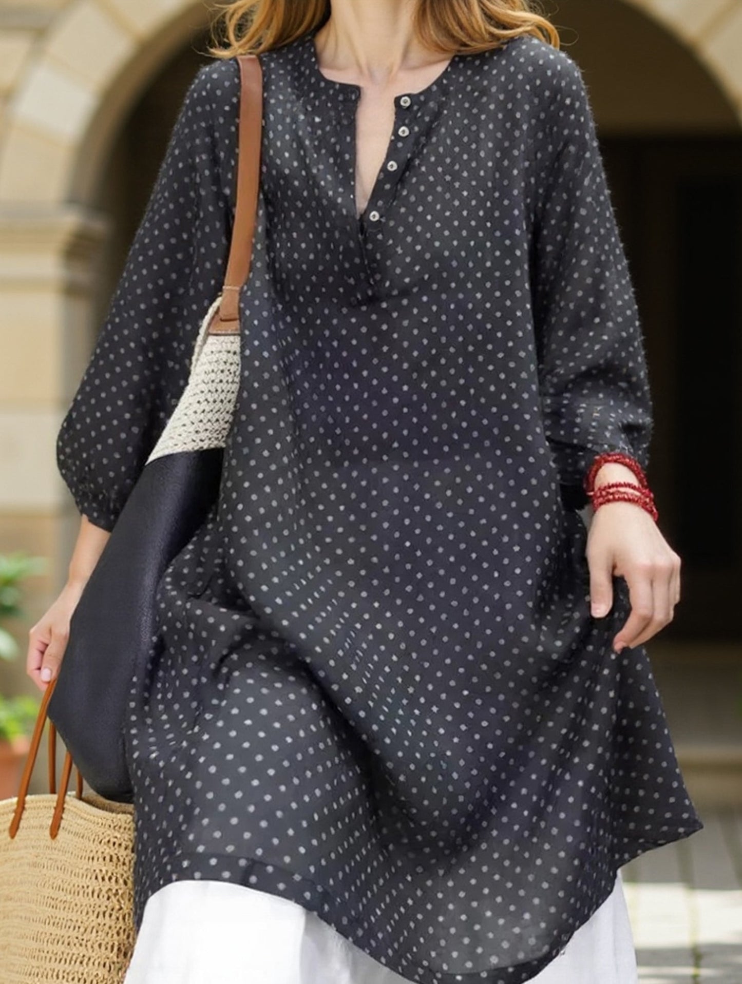 Retro Polka Dot Casual Loose Midi Shirt