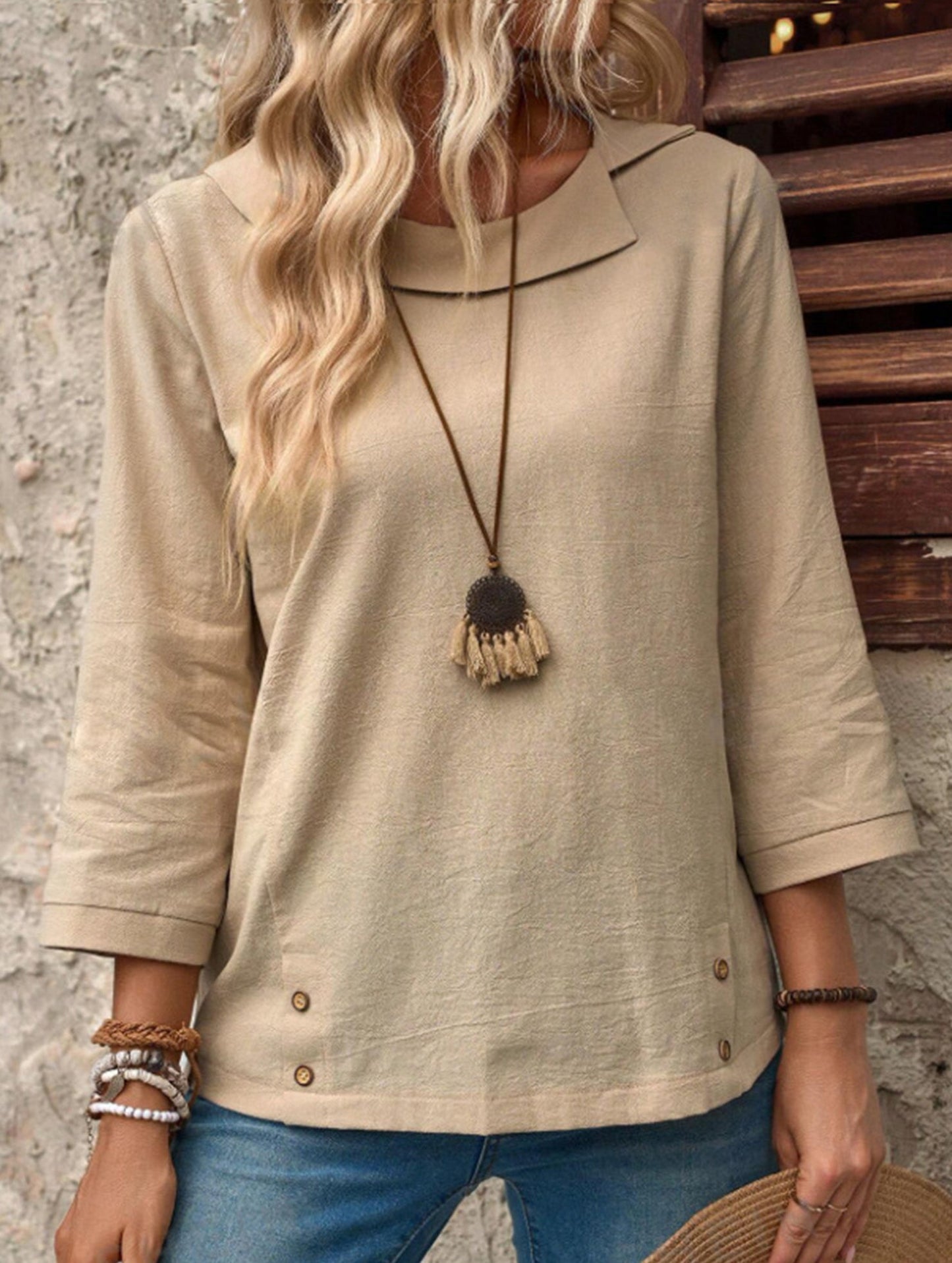 Lapel three-quarter sleeve casual T-shirt top