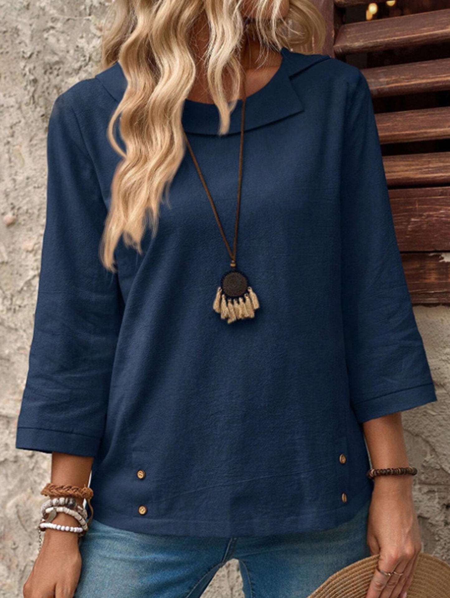 Lapel three-quarter sleeve casual T-shirt top