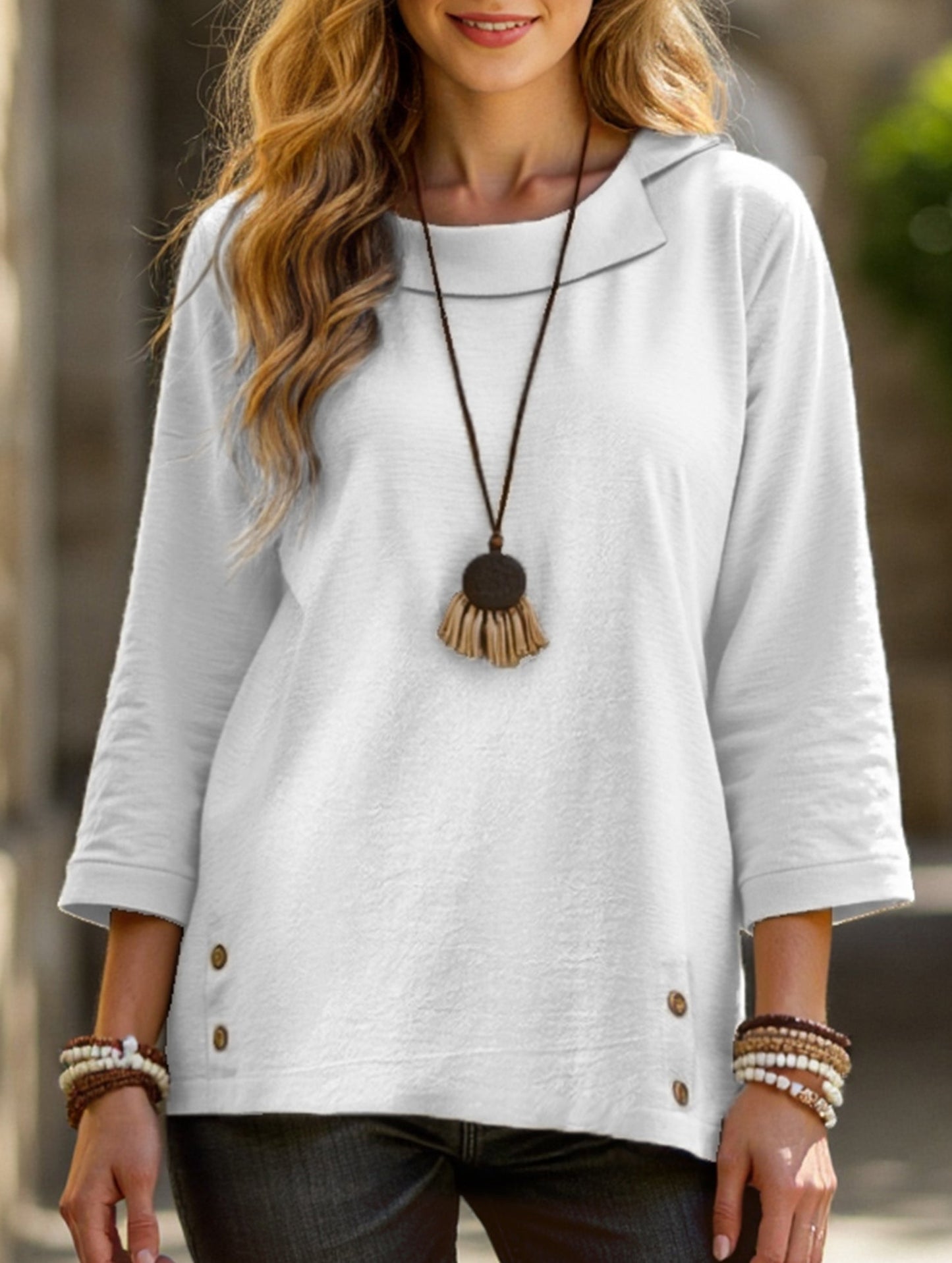 Lapel three-quarter sleeve casual T-shirt top