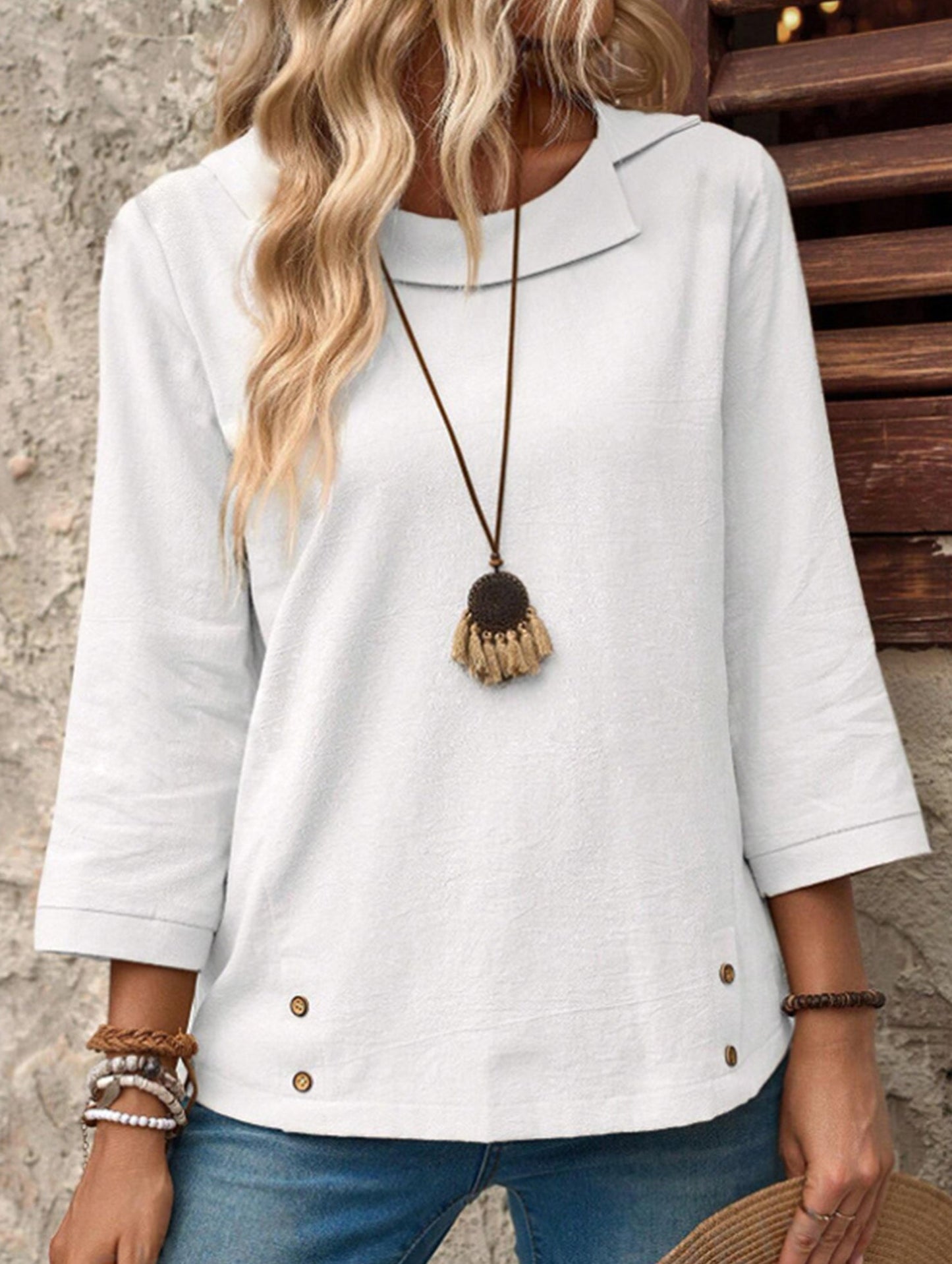 Lapel three-quarter sleeve casual T-shirt top