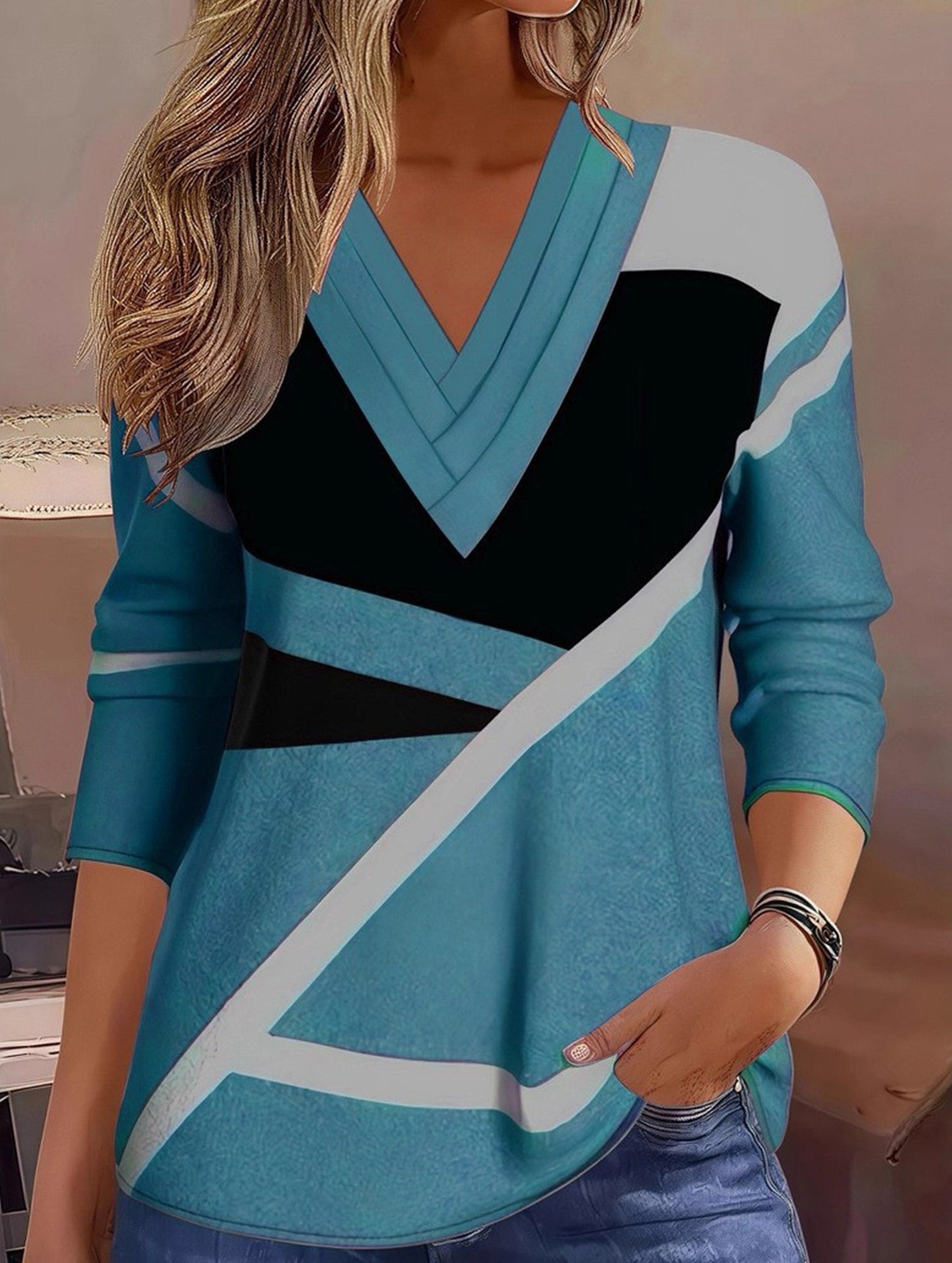 Colorblock V-neck contrast color women's T-shirt