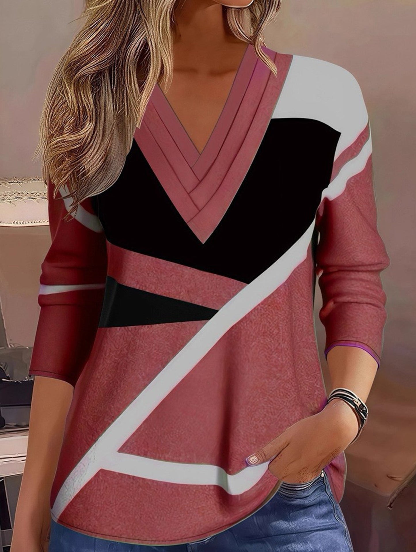 Colorblock V-neck contrast color women's T-shirt