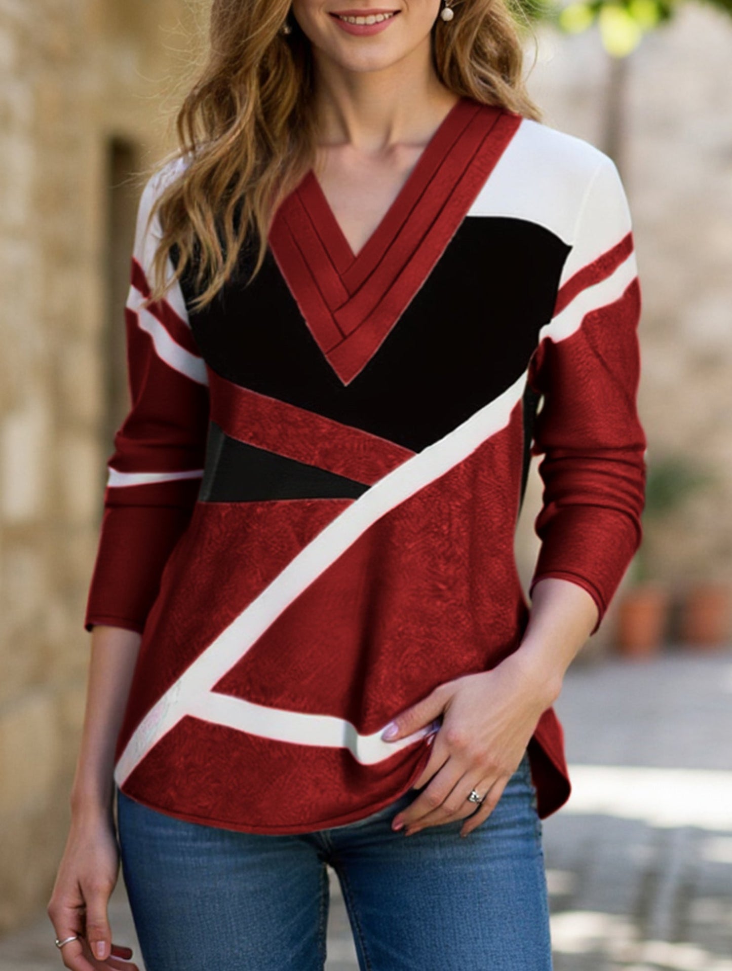 Colorblock V-neck contrast color women's T-shirt