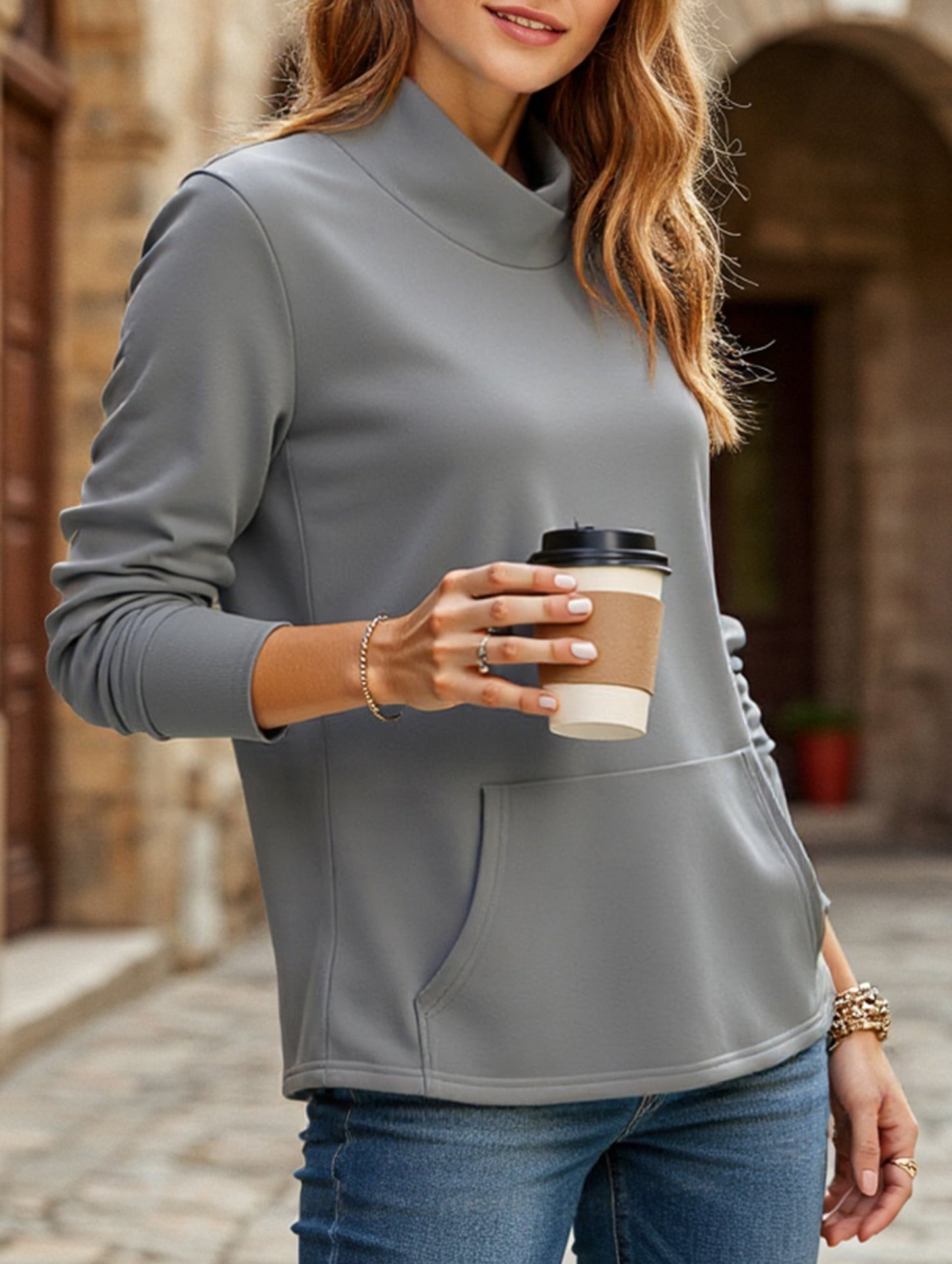 Stand collar long sleeve pullover sweatshirt