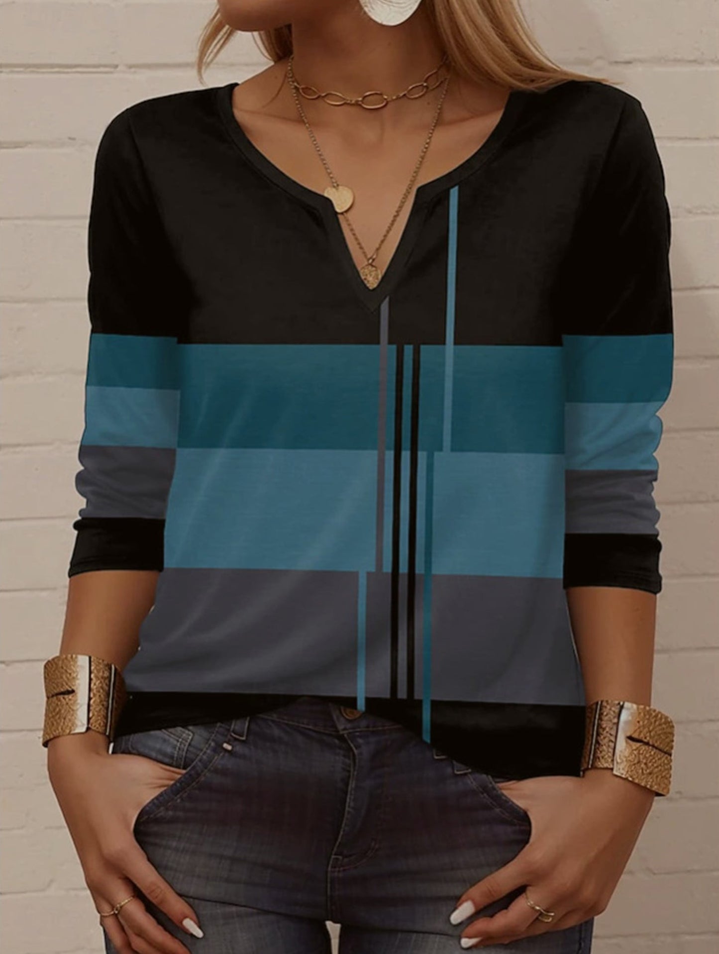 Casual round neck striped long-sleeved T-shirt
