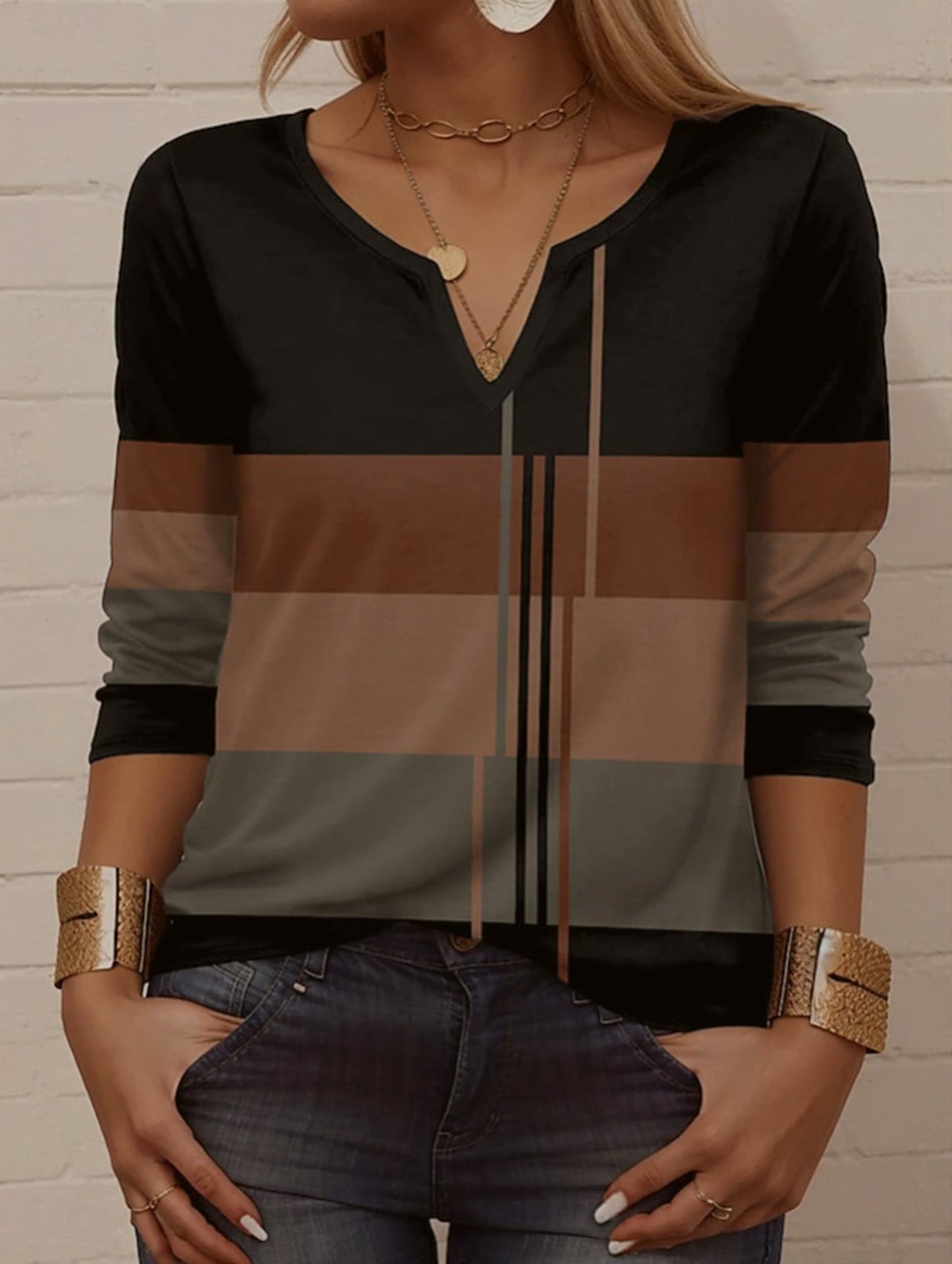 Casual round neck striped long-sleeved T-shirt