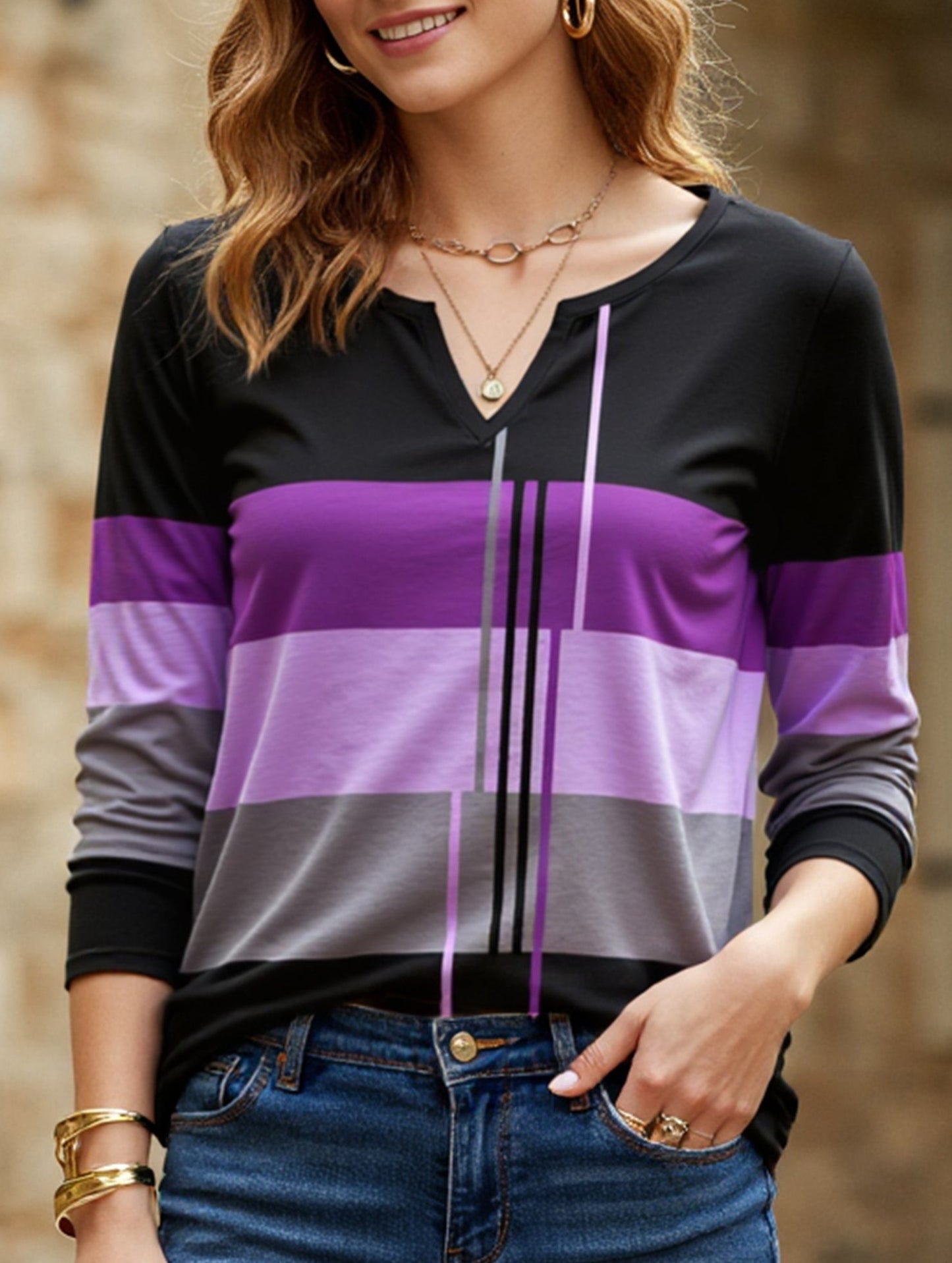 Casual round neck striped long-sleeved T-shirt