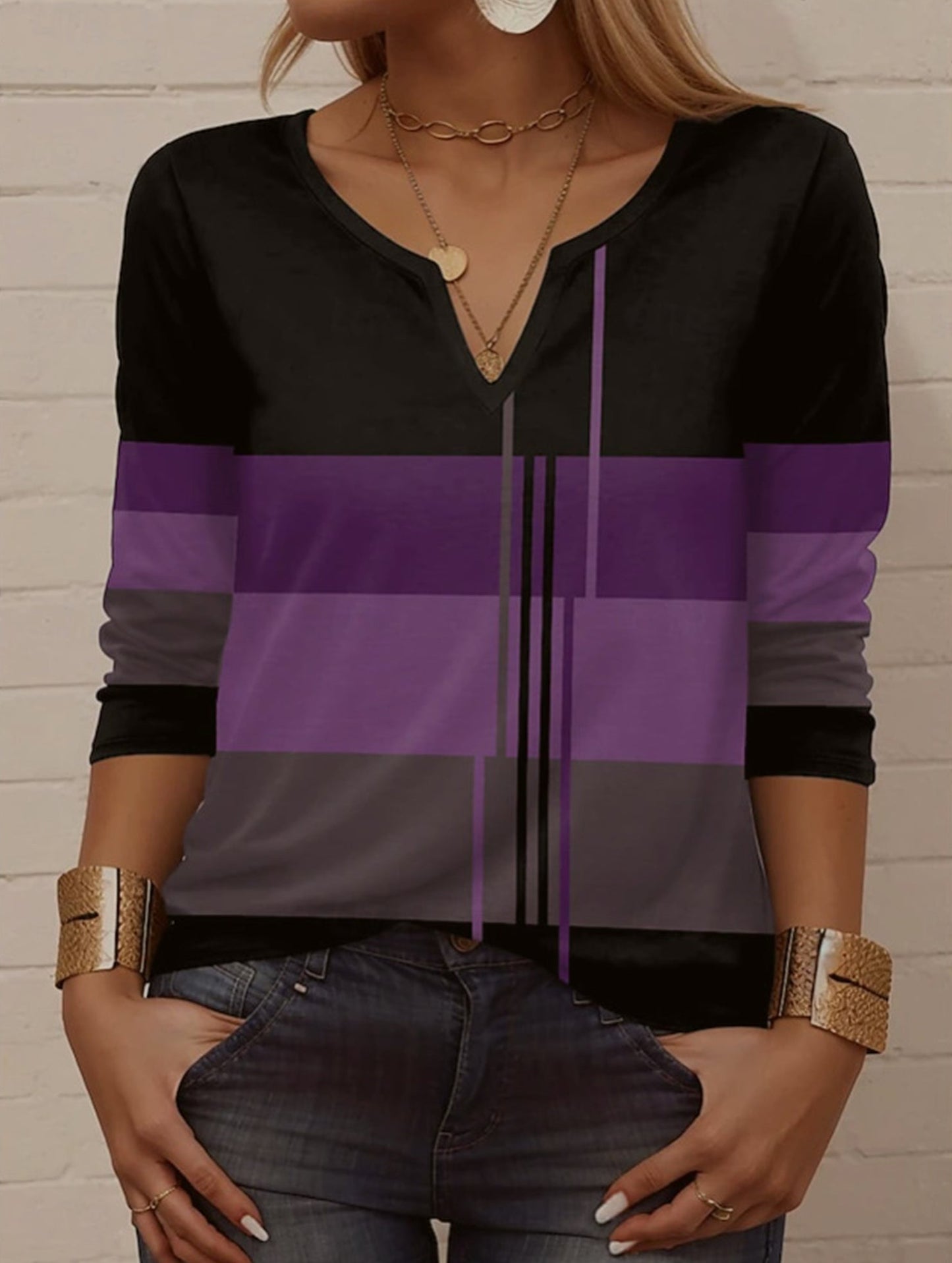 Casual round neck striped long-sleeved T-shirt