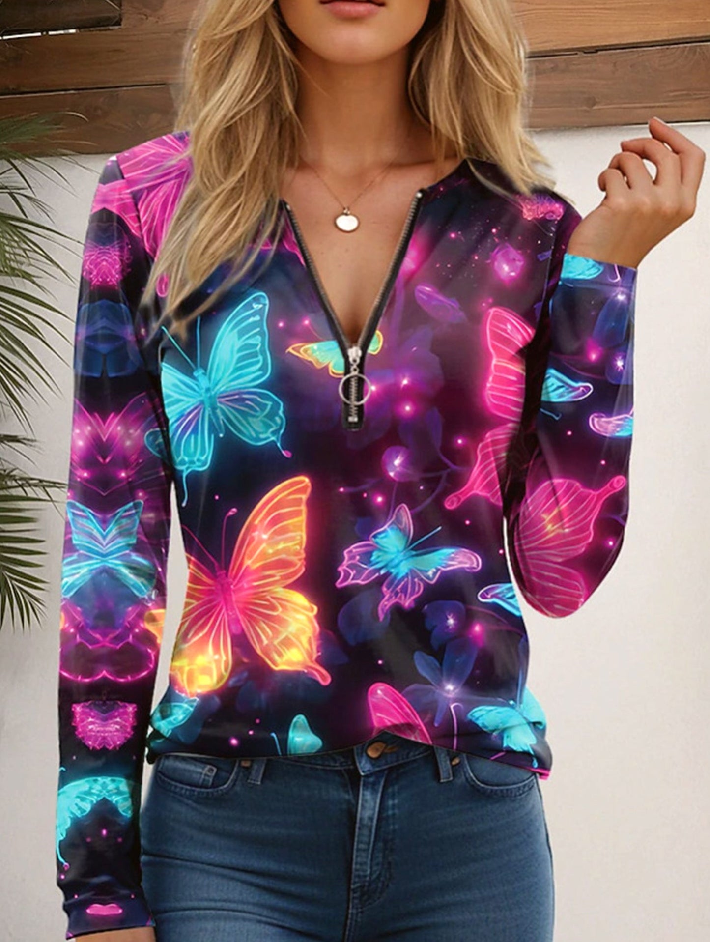 Geometric V-neck zip-up regular top