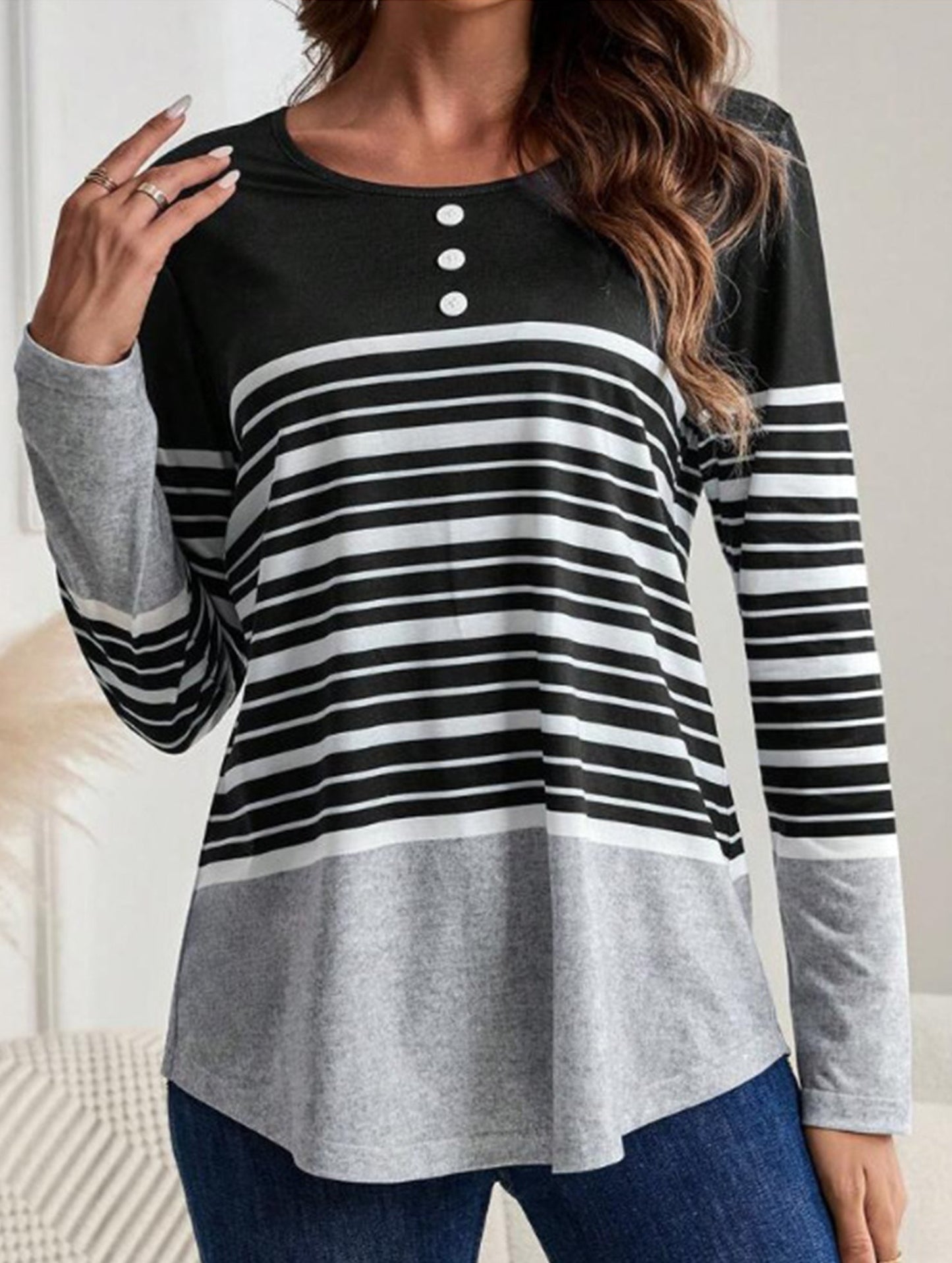 Striped print crew neck long-sleeved T-shirt