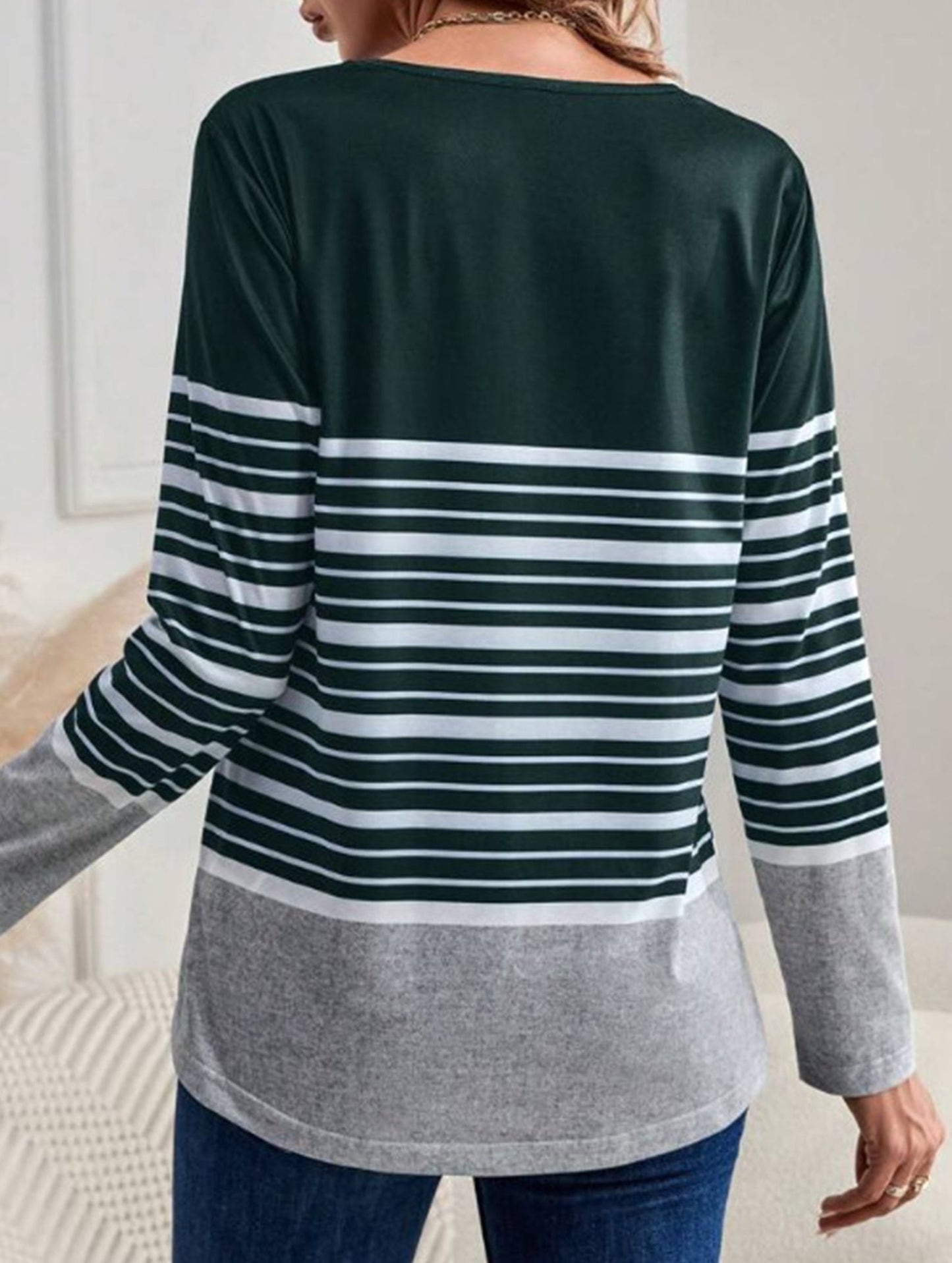 Striped print crew neck long-sleeved T-shirt