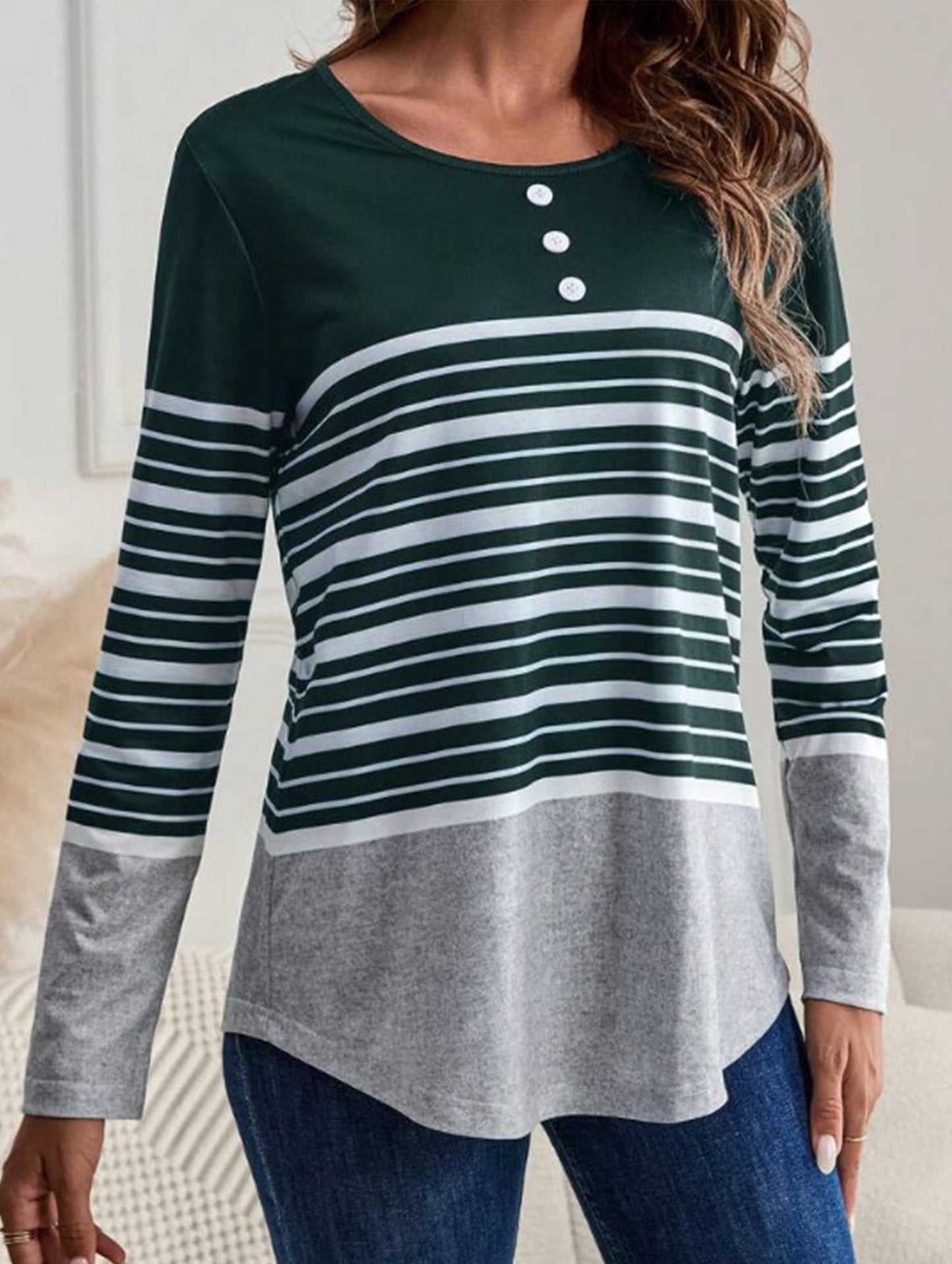 Striped print crew neck long-sleeved T-shirt