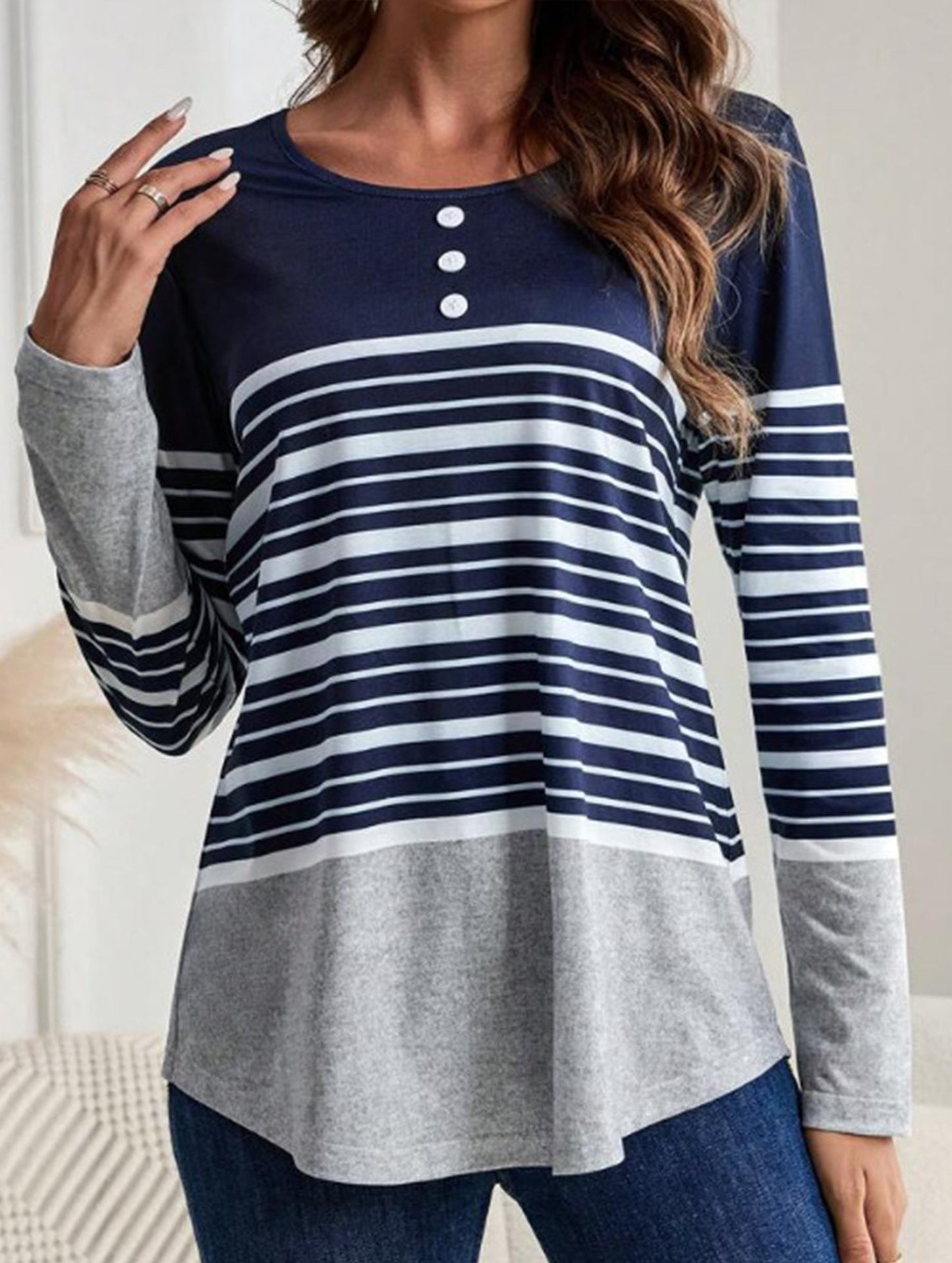 Striped print crew neck long-sleeved T-shirt