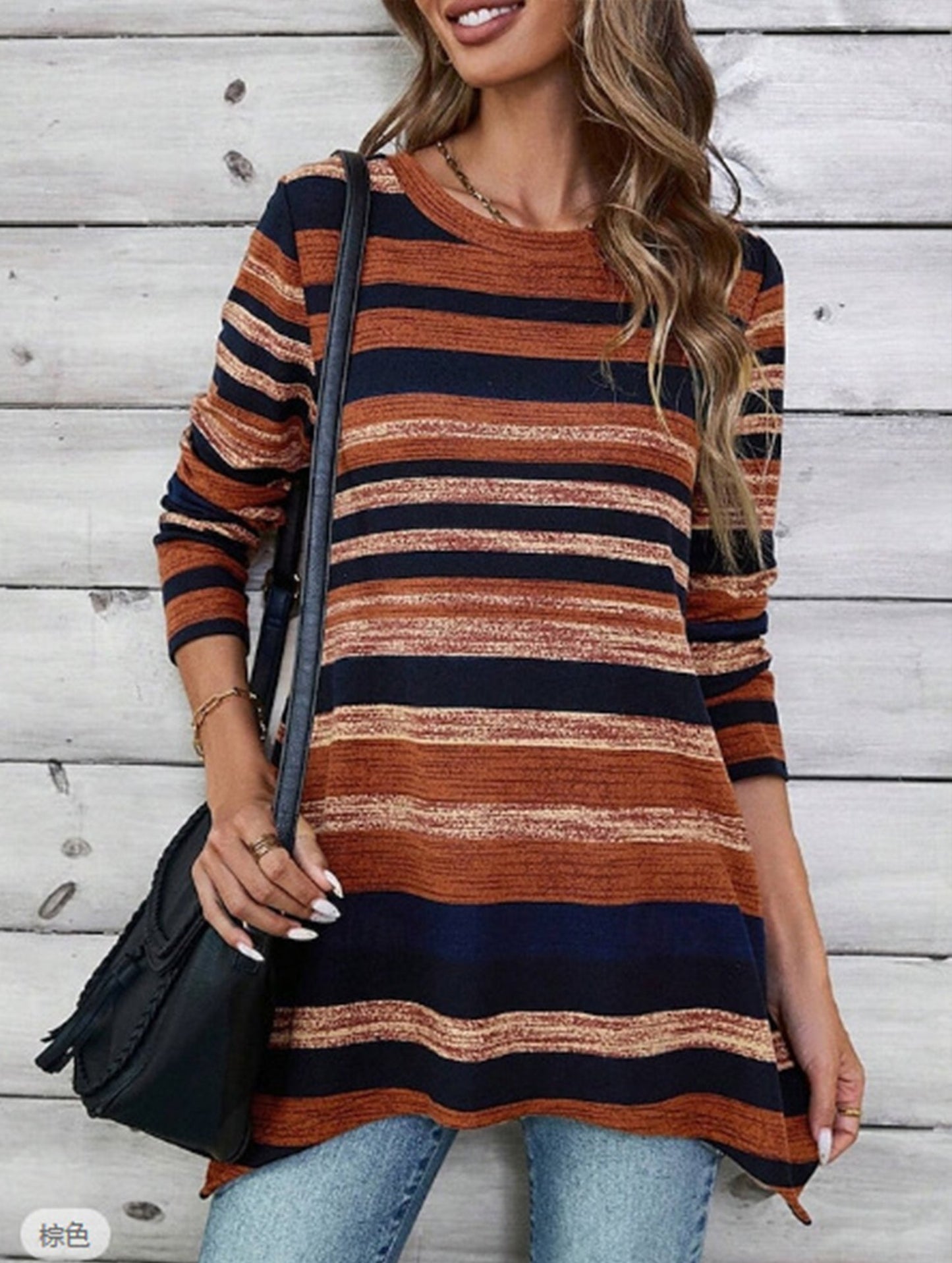 Casual striped print asymmetric T-shirt