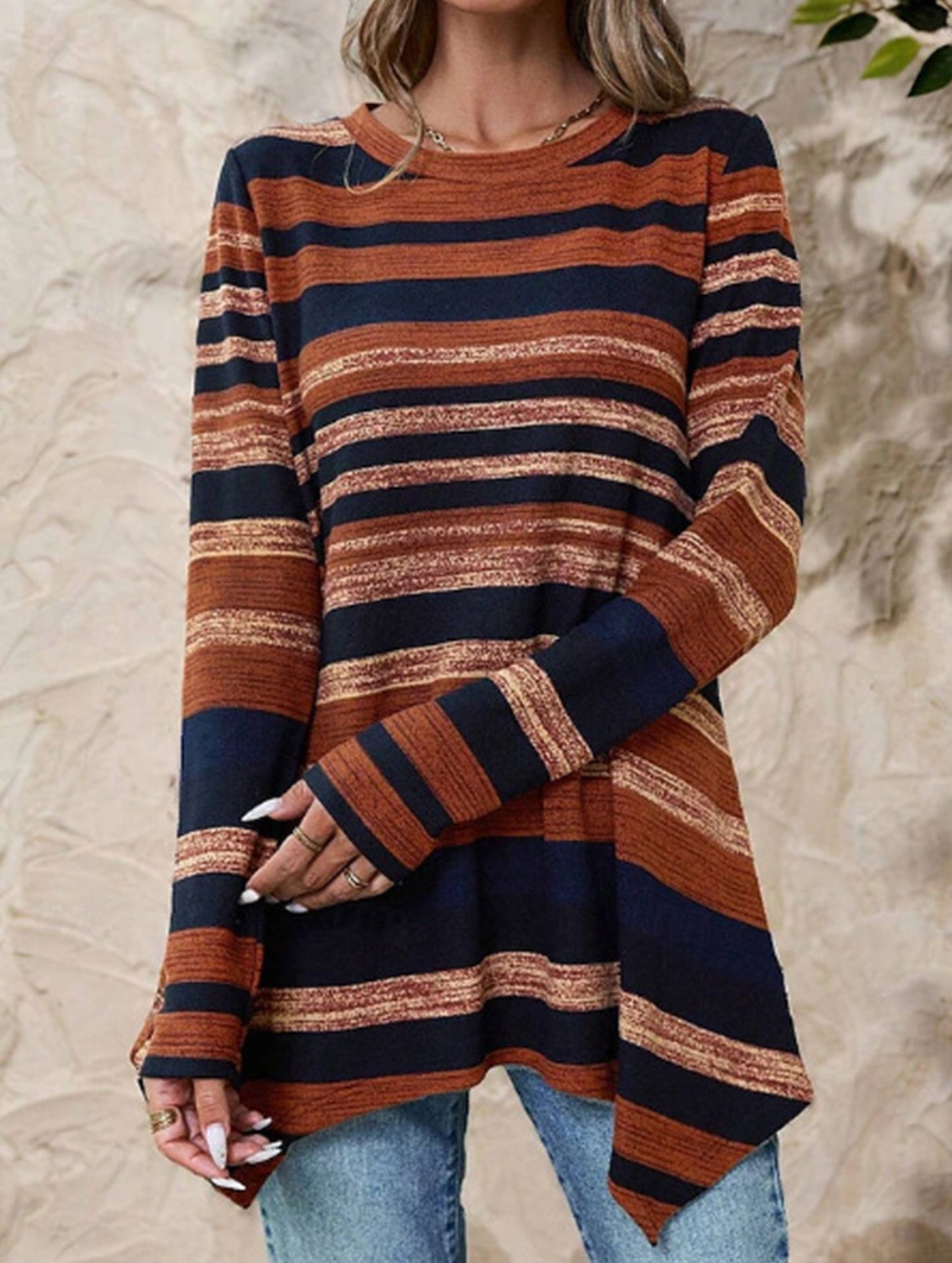 Casual striped print asymmetric T-shirt