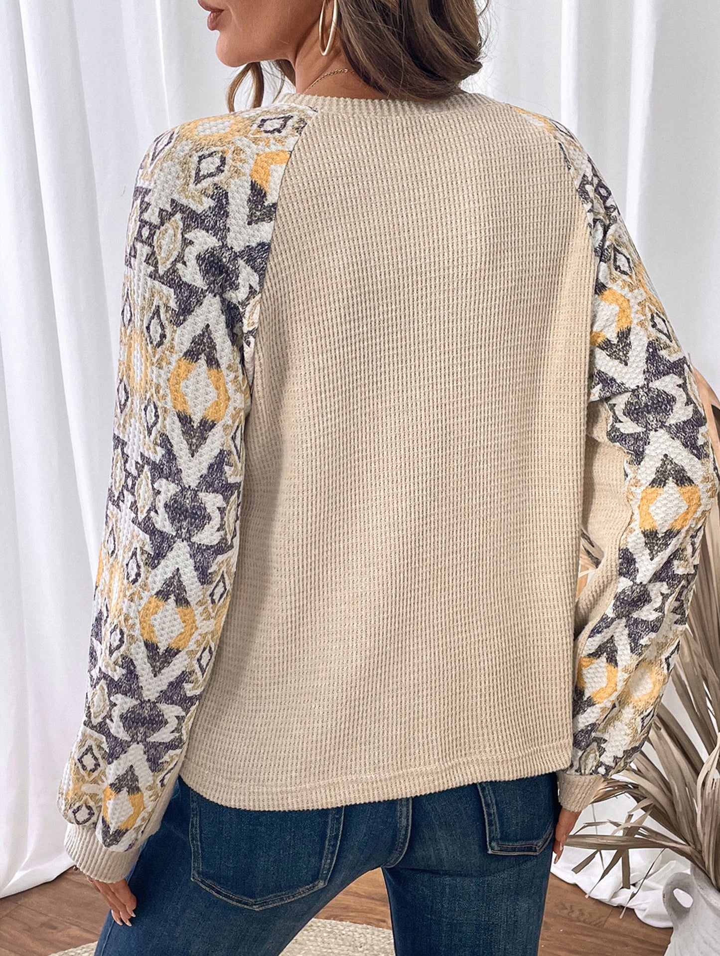 Retro patchwork long-sleeved crew neck top