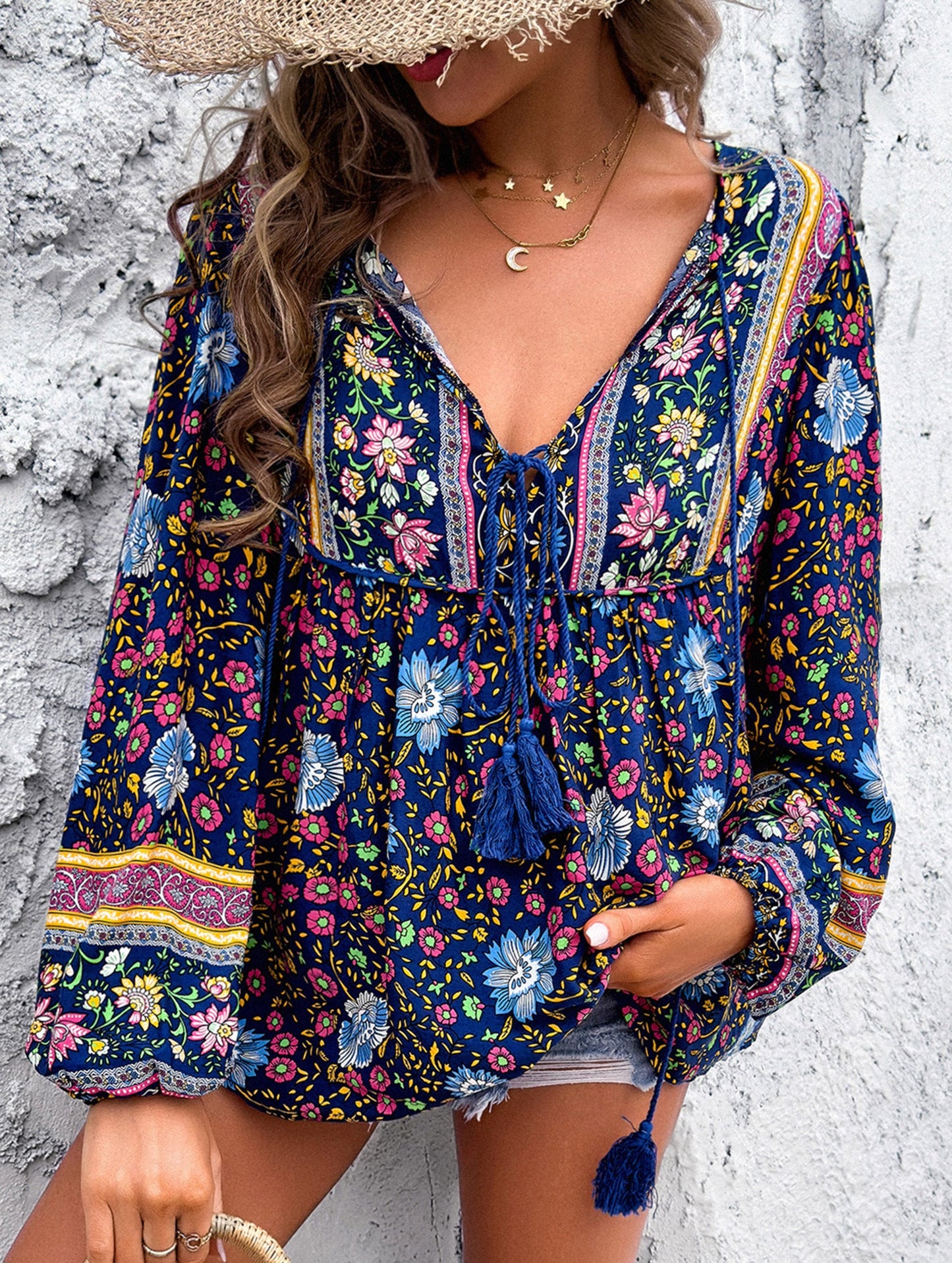 Bohemian print long-sleeved T-shirt