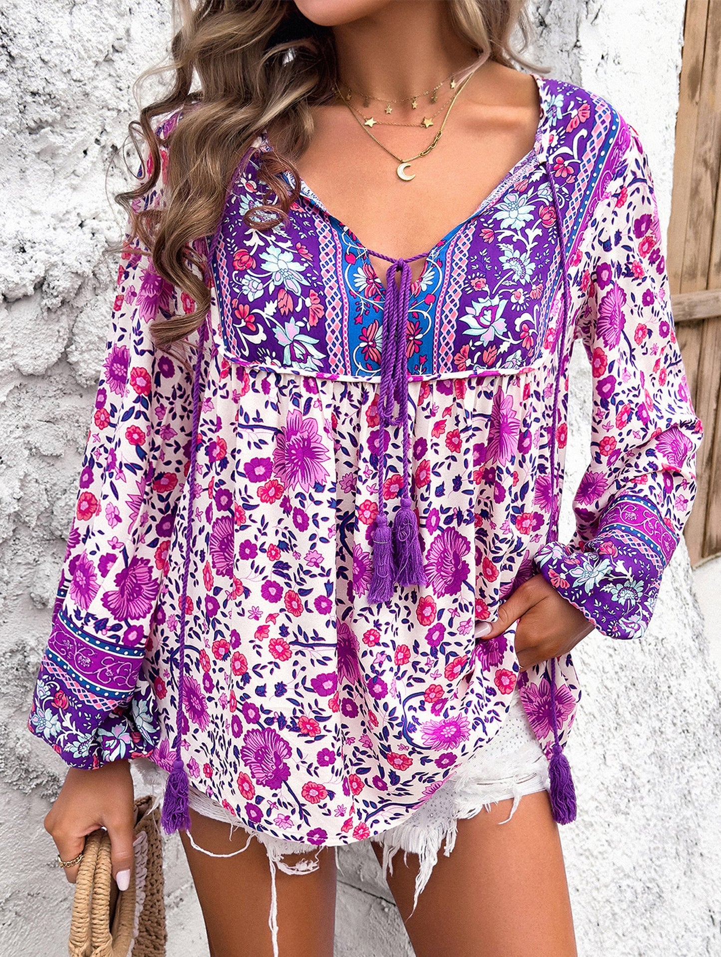 Bohemian print long-sleeved T-shirt