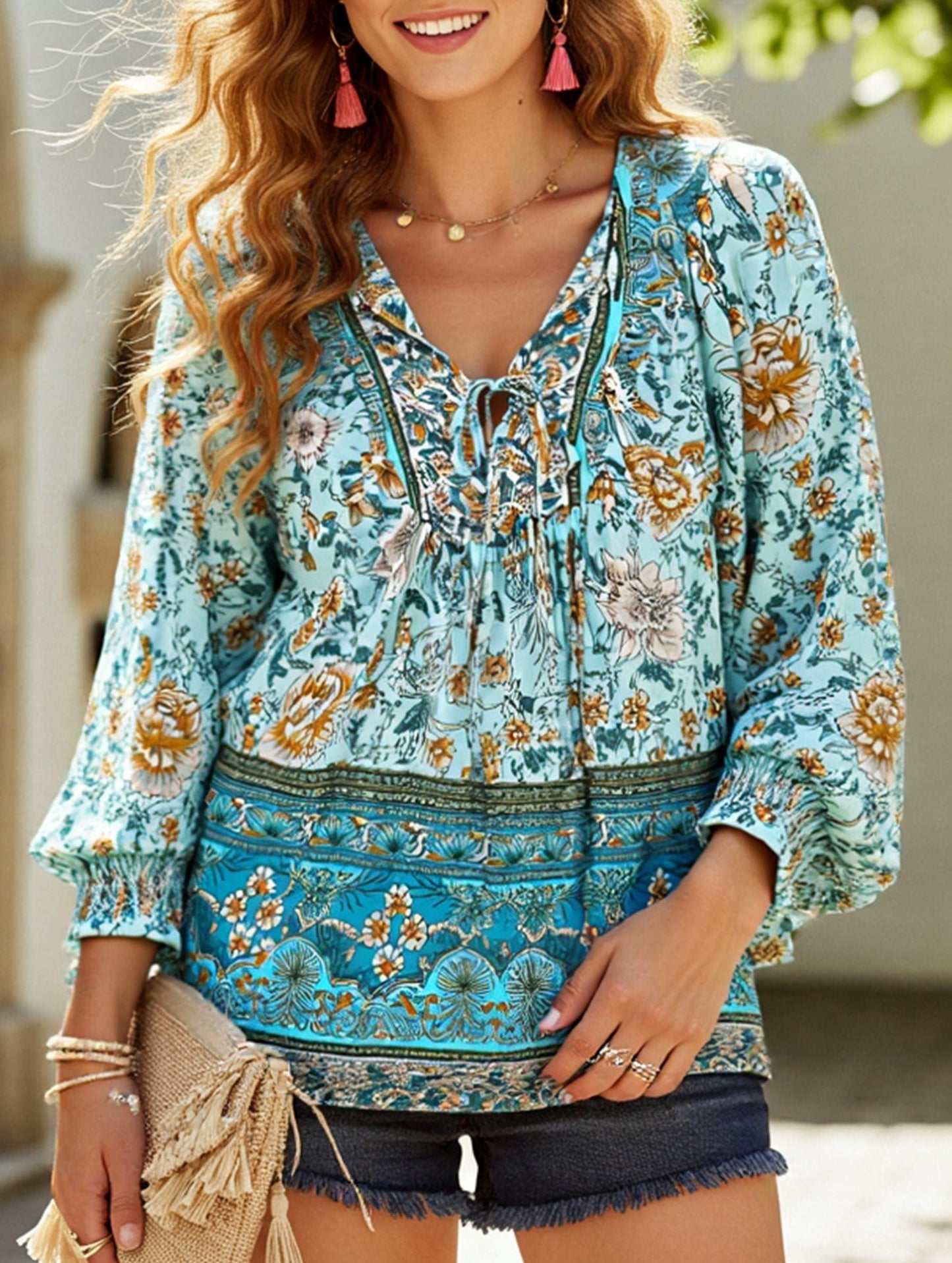 Casual holiday print long-sleeved T-shirt