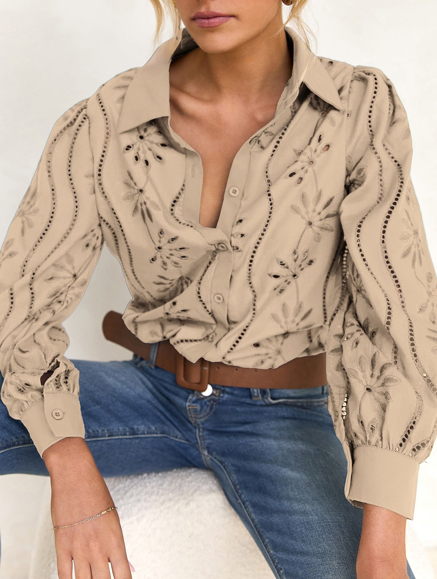 Casual loose hollow puff sleeve cardigan