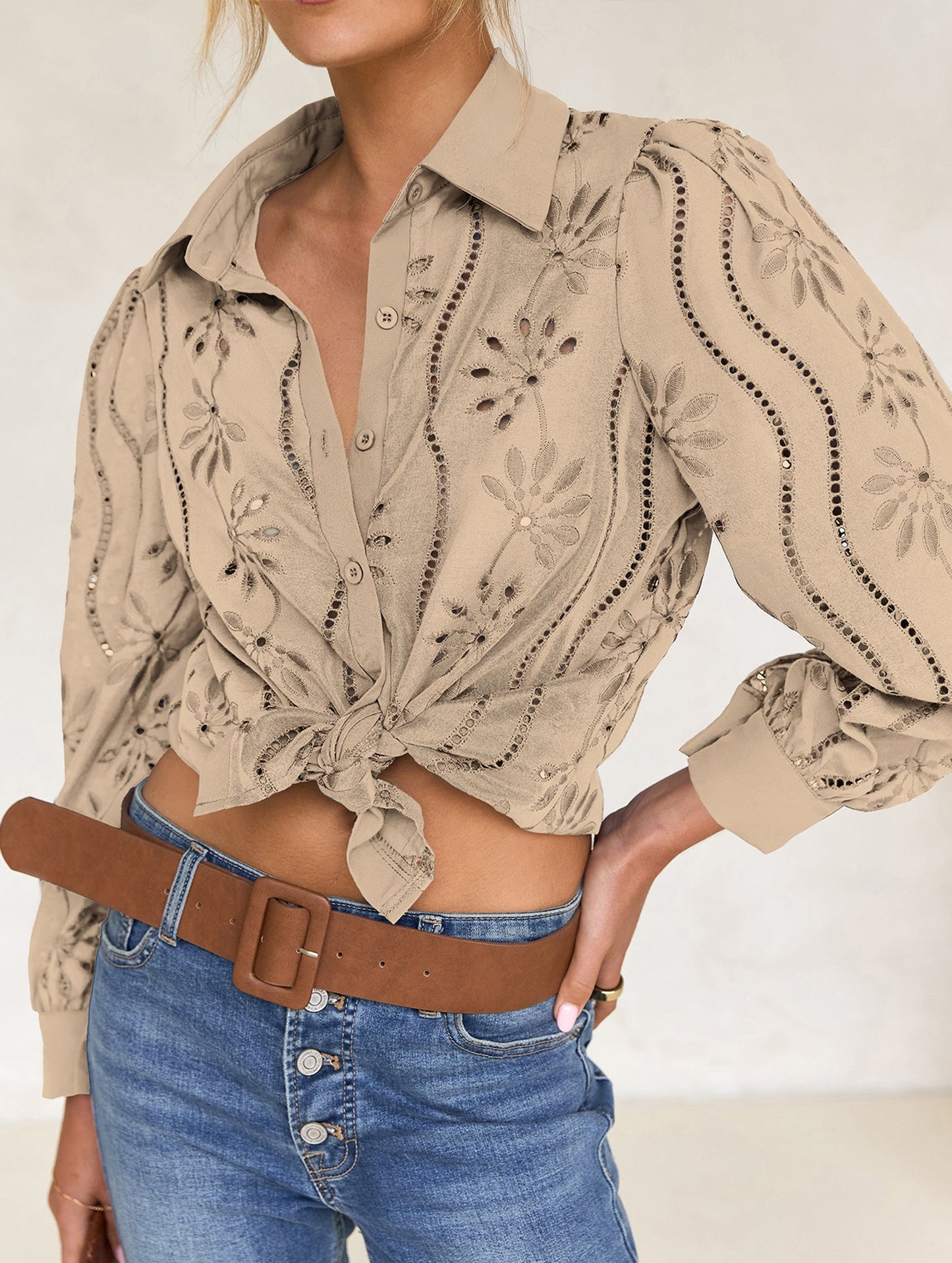 Casual loose hollow puff sleeve cardigan