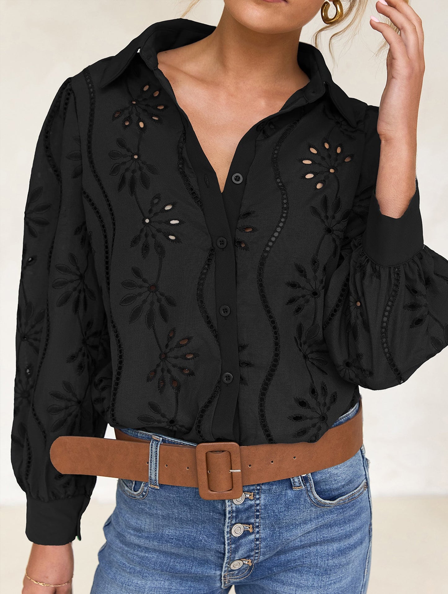 Casual loose hollow puff sleeve cardigan
