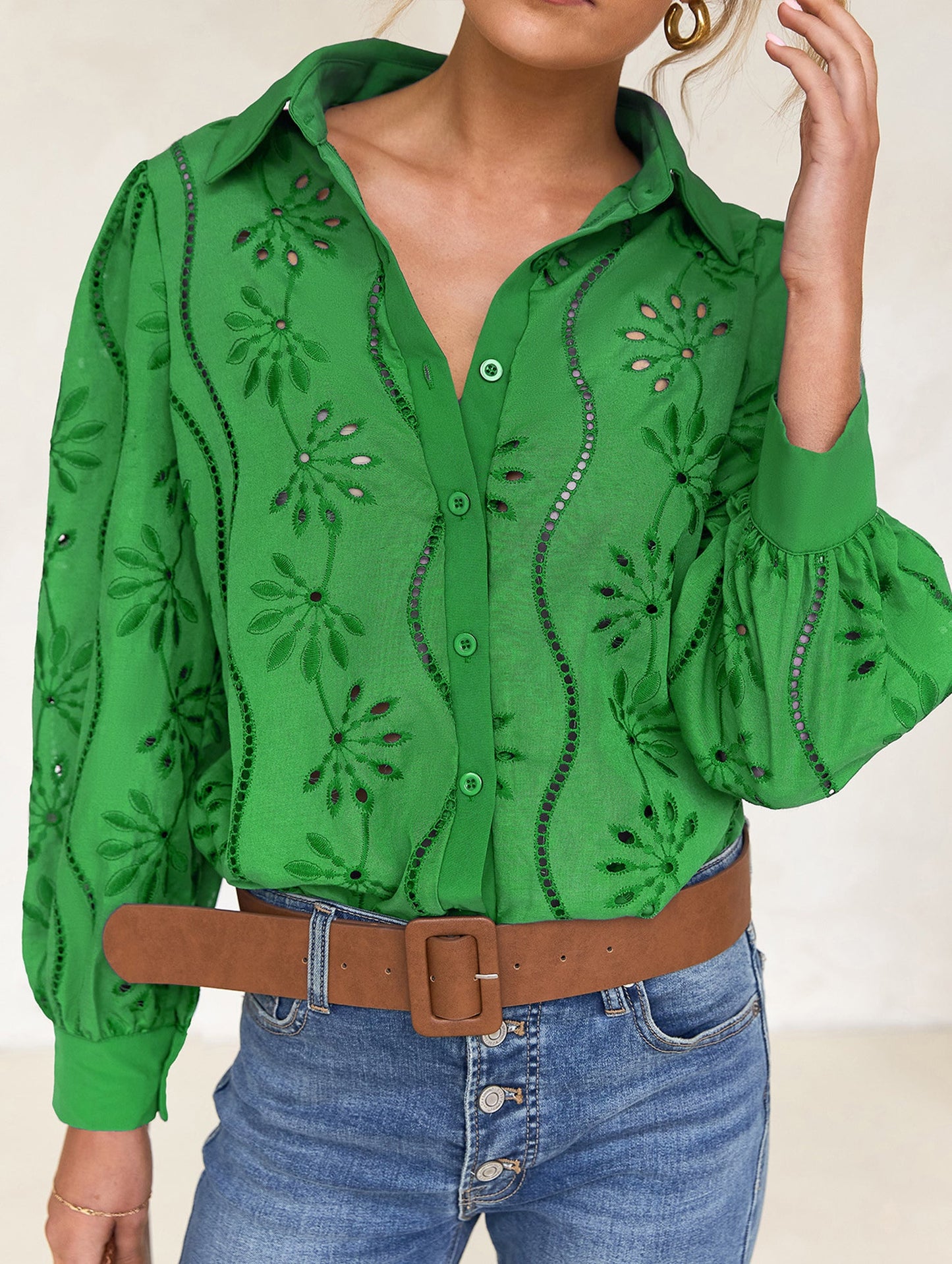 Casual loose hollow puff sleeve cardigan