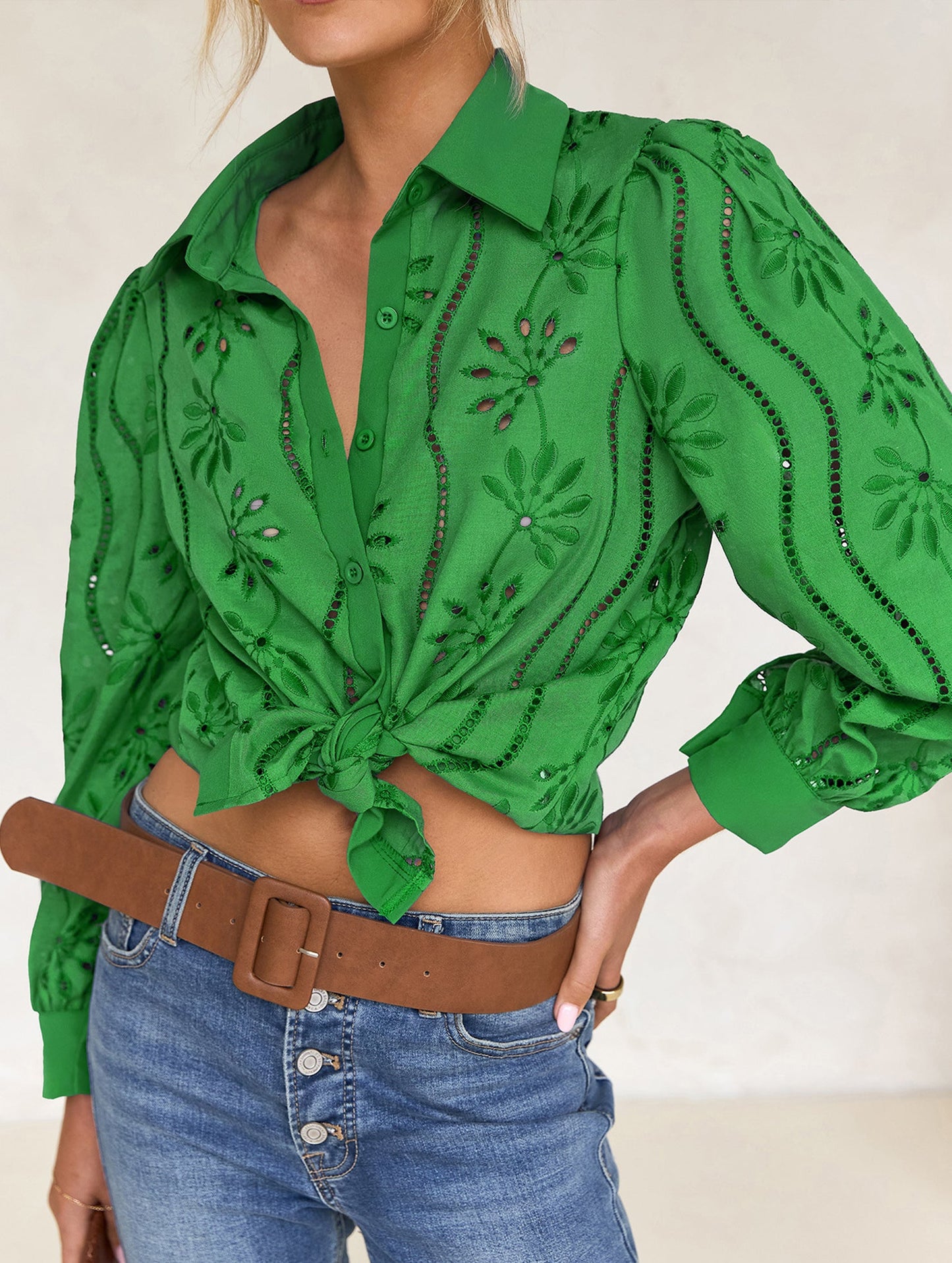 Casual loose hollow puff sleeve cardigan