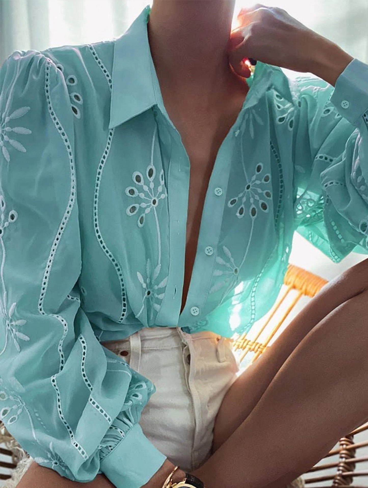 Casual loose hollow puff sleeve cardigan