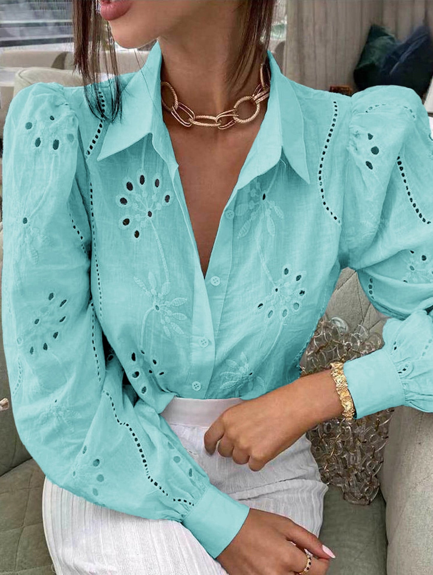 Casual loose hollow puff sleeve cardigan