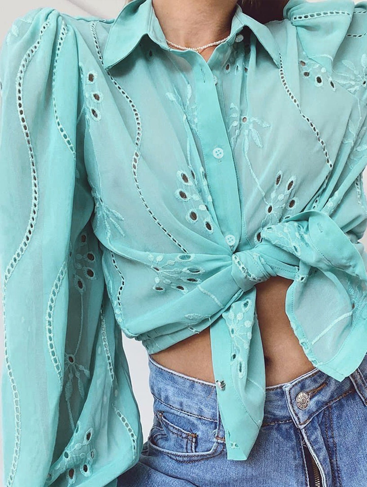 Casual loose hollow puff sleeve cardigan