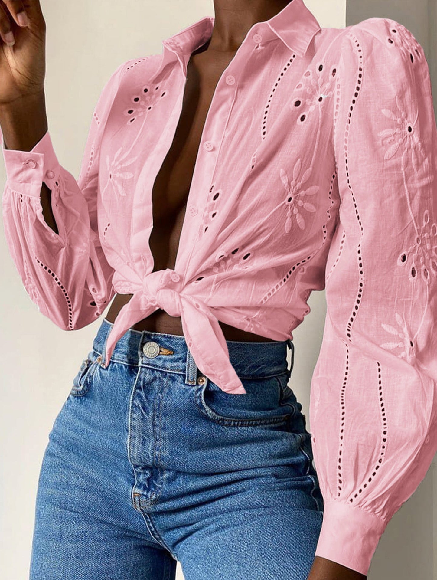 Casual loose hollow puff sleeve cardigan