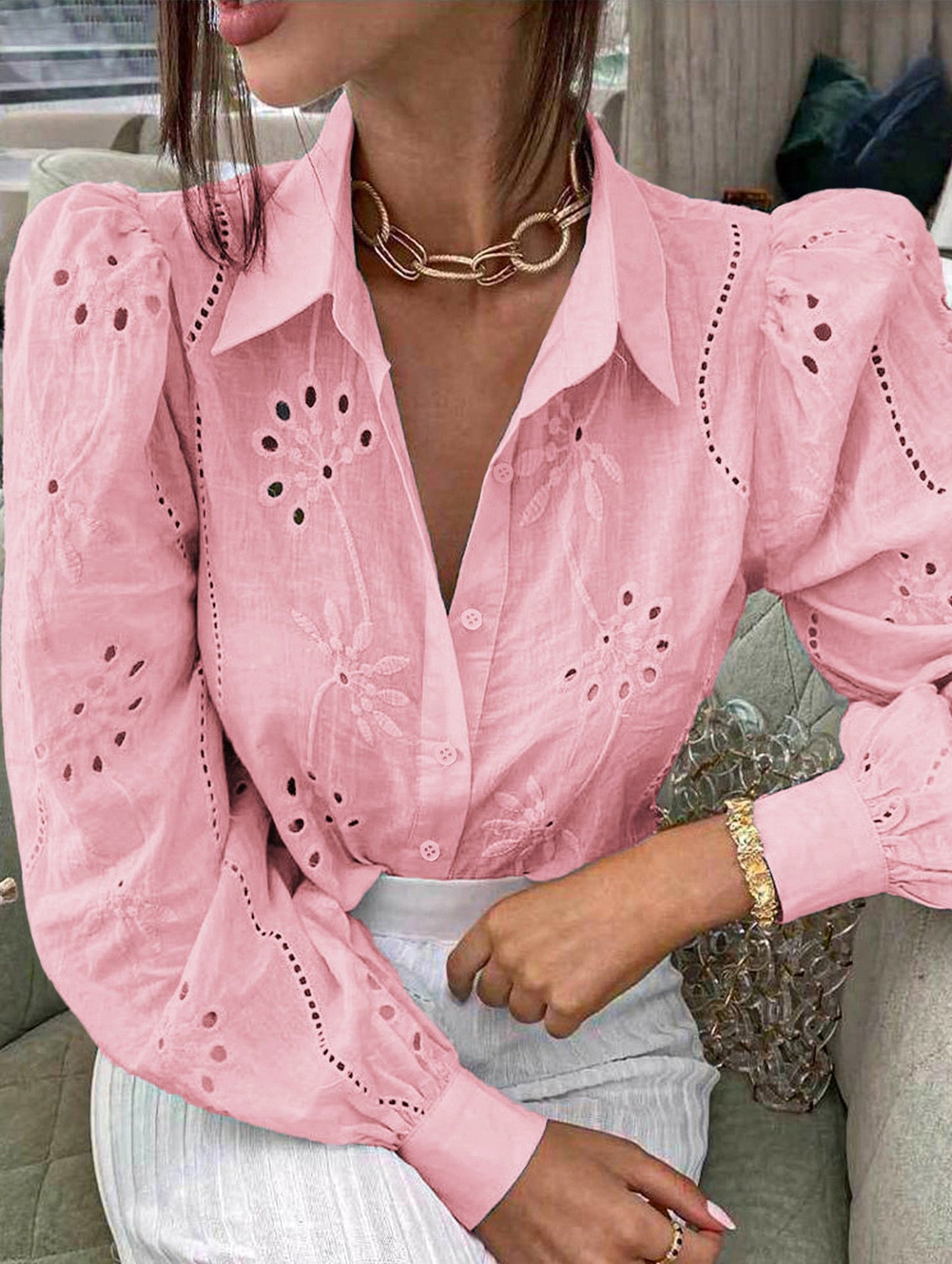 Casual loose hollow puff sleeve cardigan