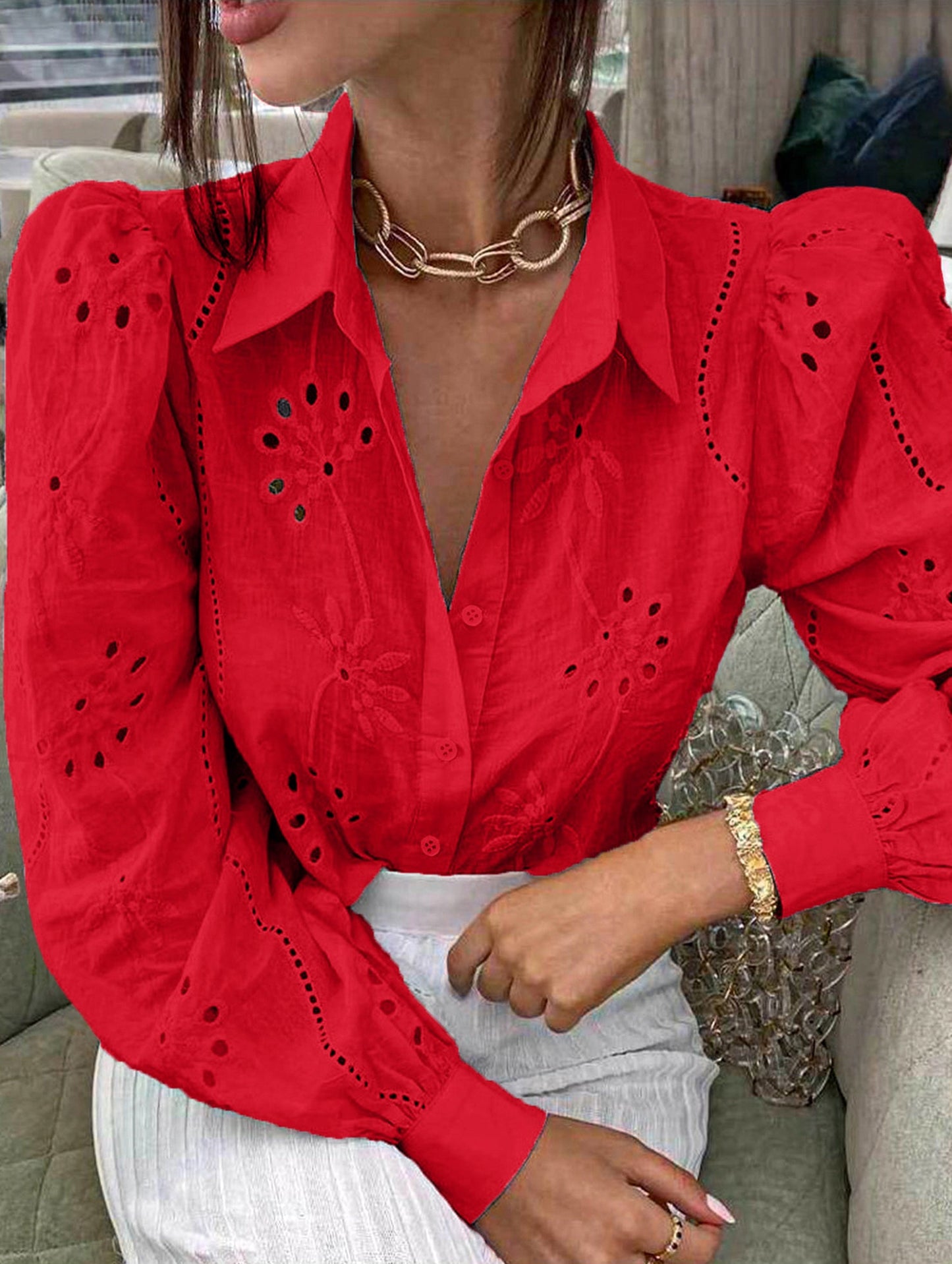 Casual loose hollow puff sleeve cardigan