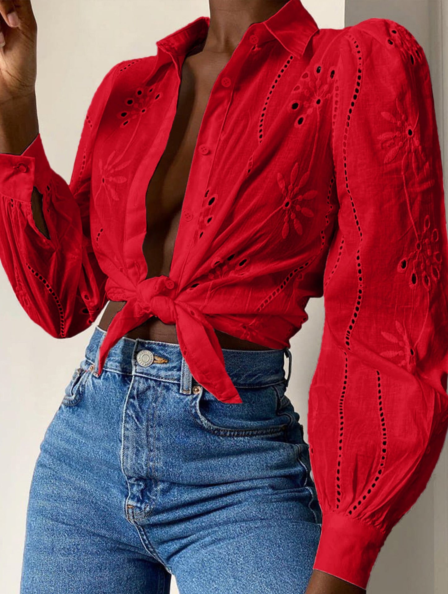 Casual loose hollow puff sleeve cardigan