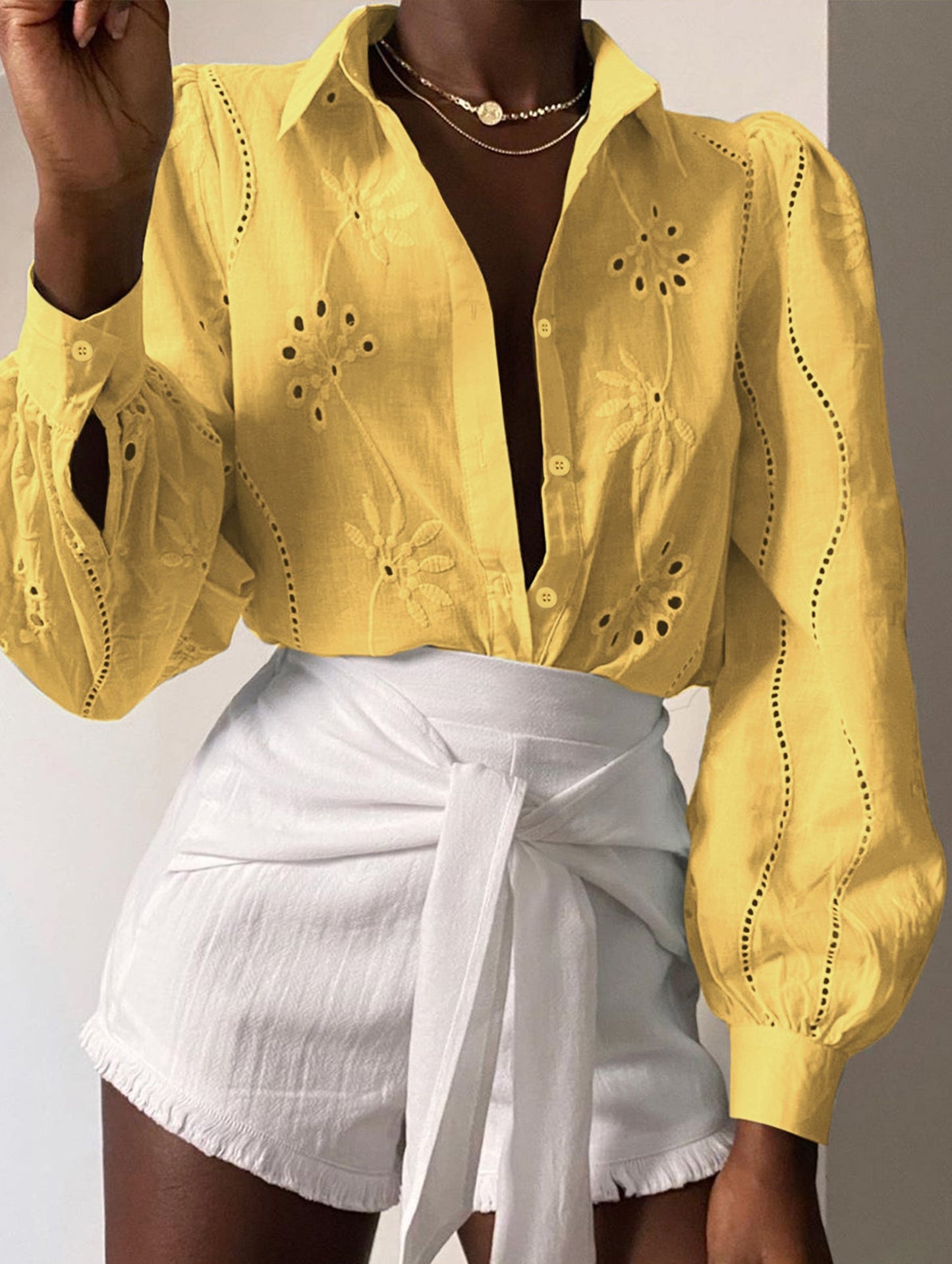 Casual loose hollow puff sleeve cardigan