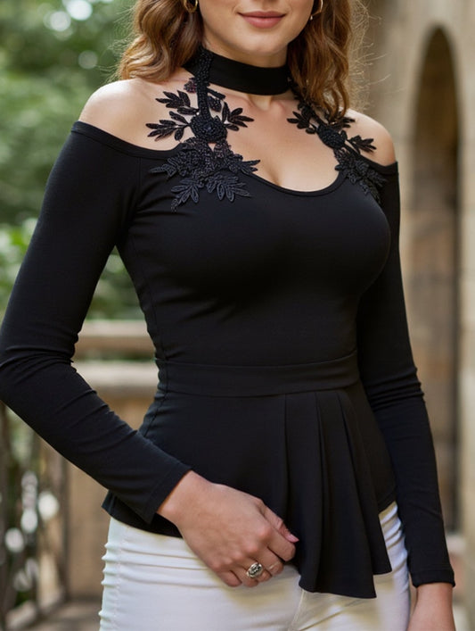 Cutout Off-the-Shoulder Applique Slim-Fit Top