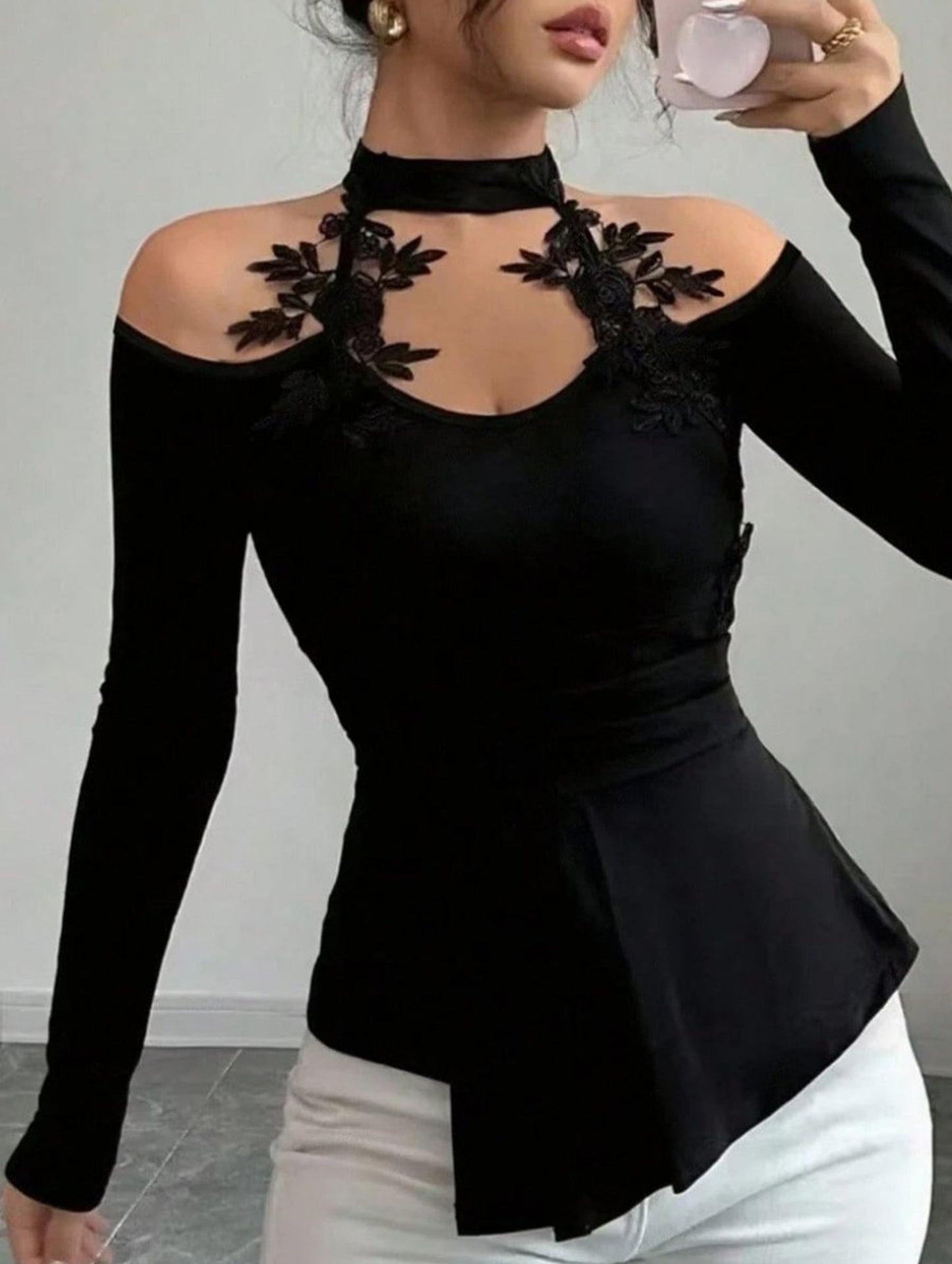 Cutout Off-the-Shoulder Applique Slim-Fit Top