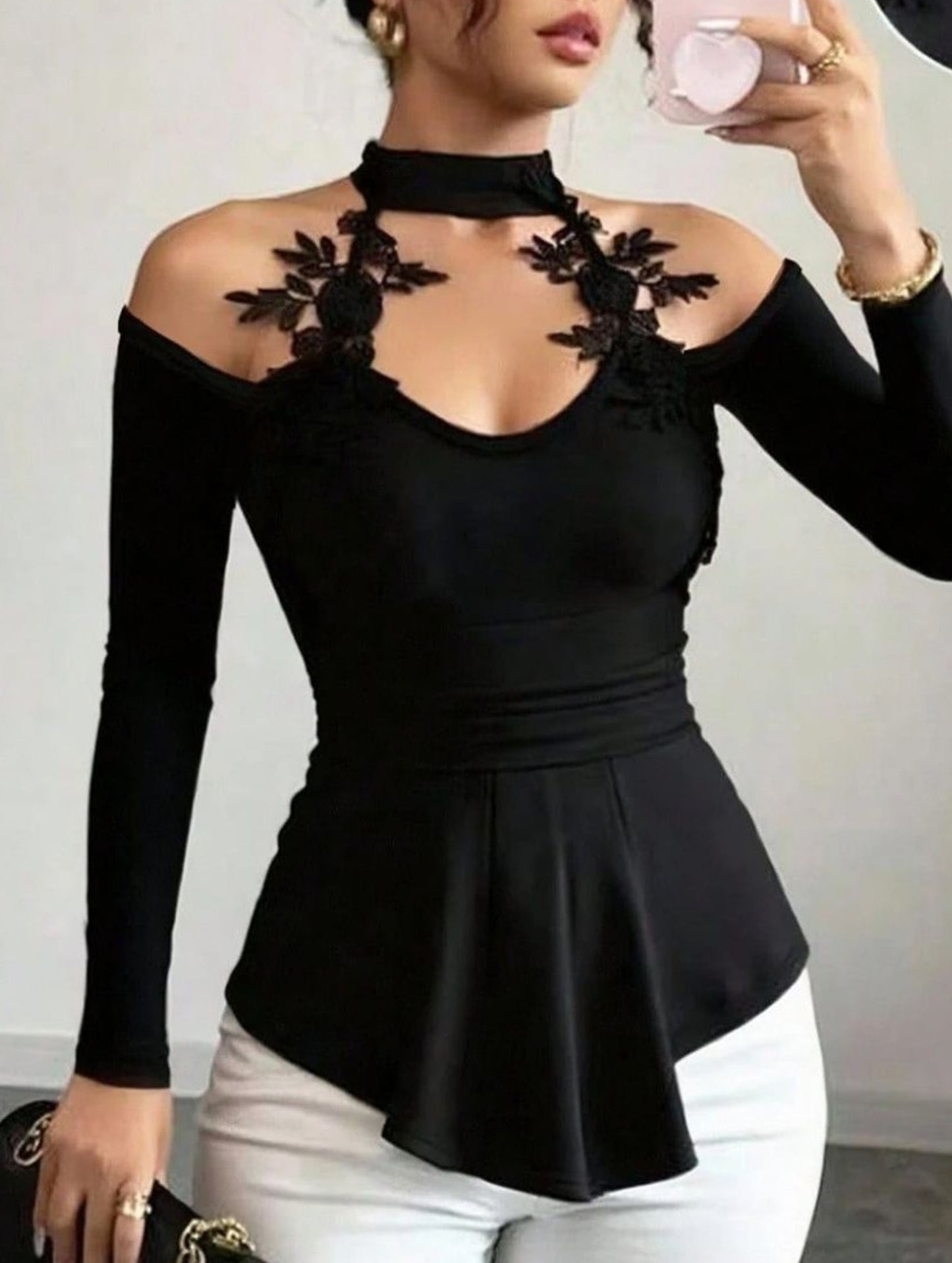 Cutout Off-the-Shoulder Applique Slim-Fit Top