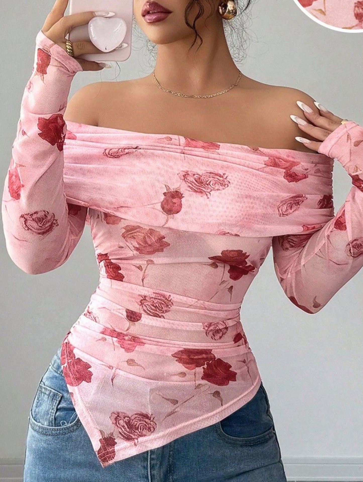 Slim-fit irregular printed boat neck top