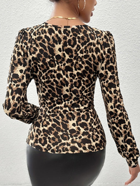 Leopard print lace panel T-shirt top