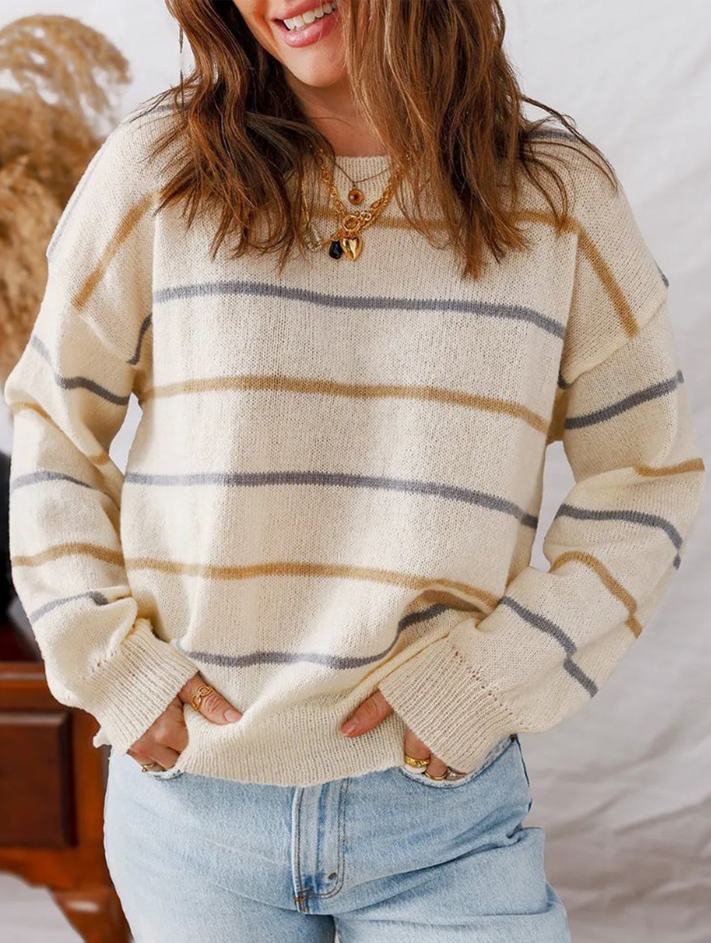 Colorful striped long-sleeved loose sweater