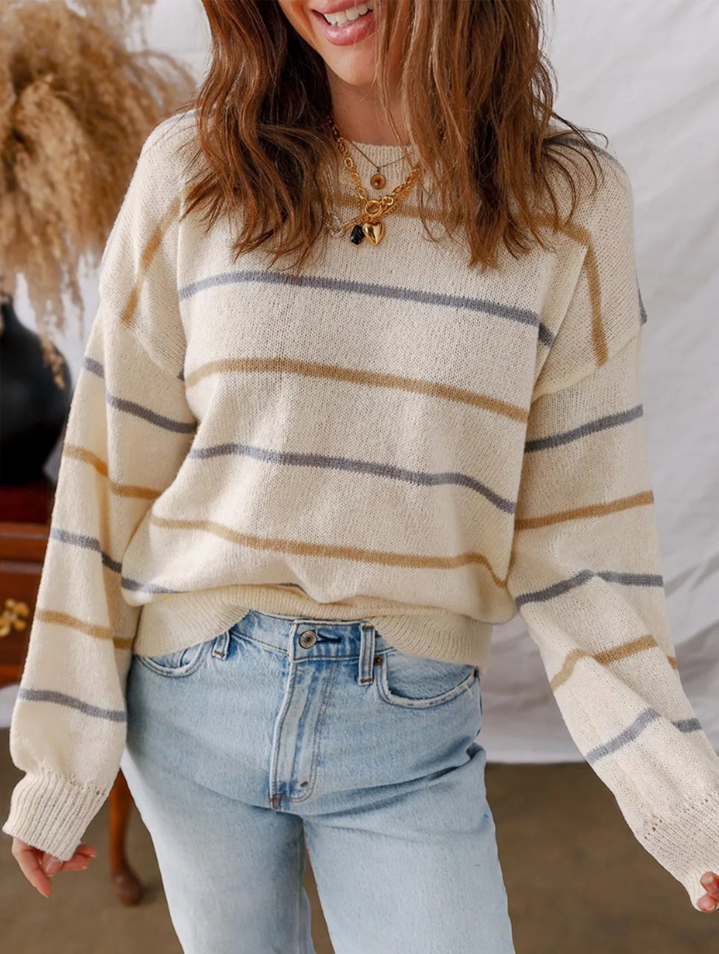 Colorful striped long-sleeved loose sweater
