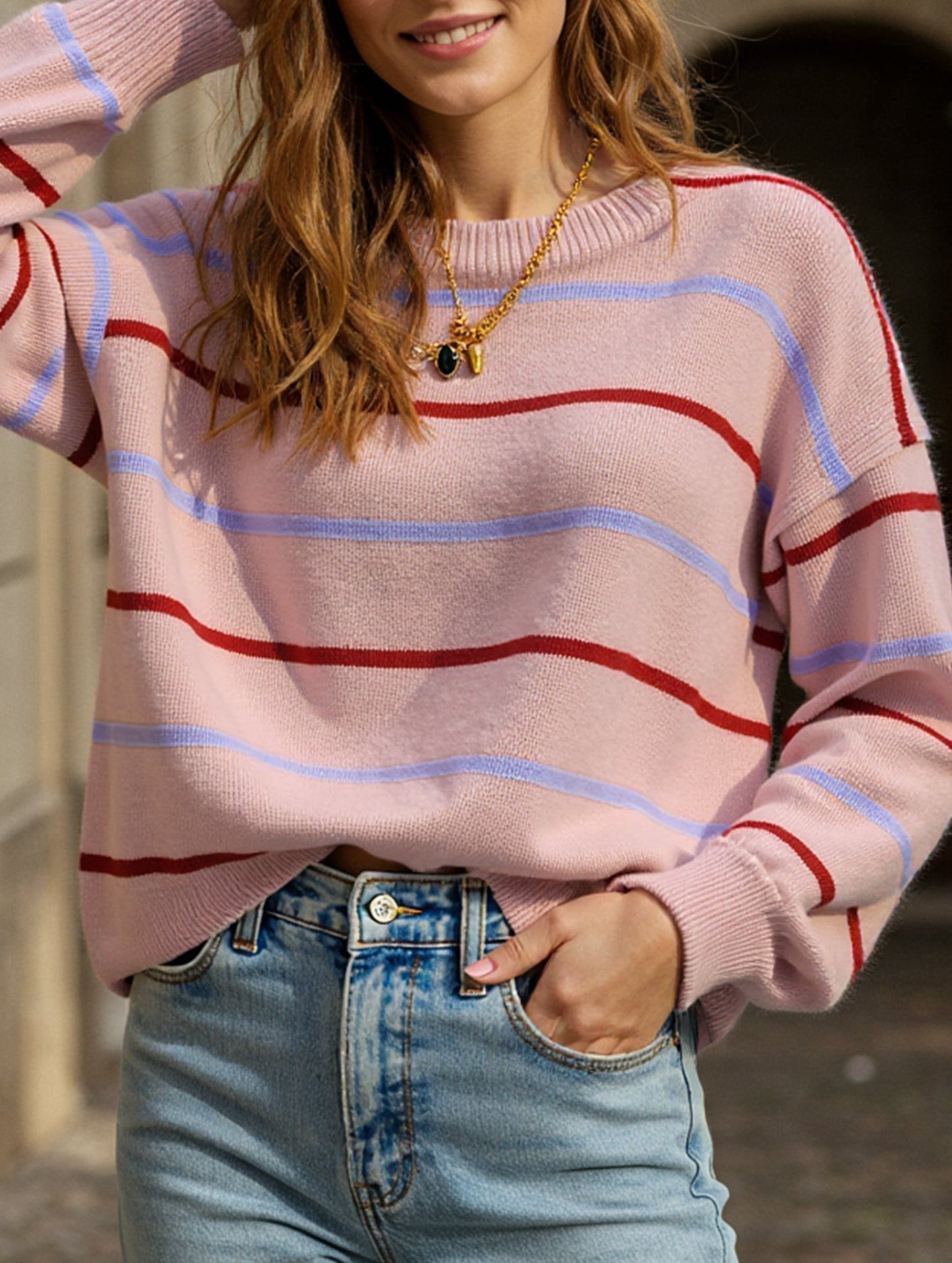 Colorful striped long-sleeved loose sweater