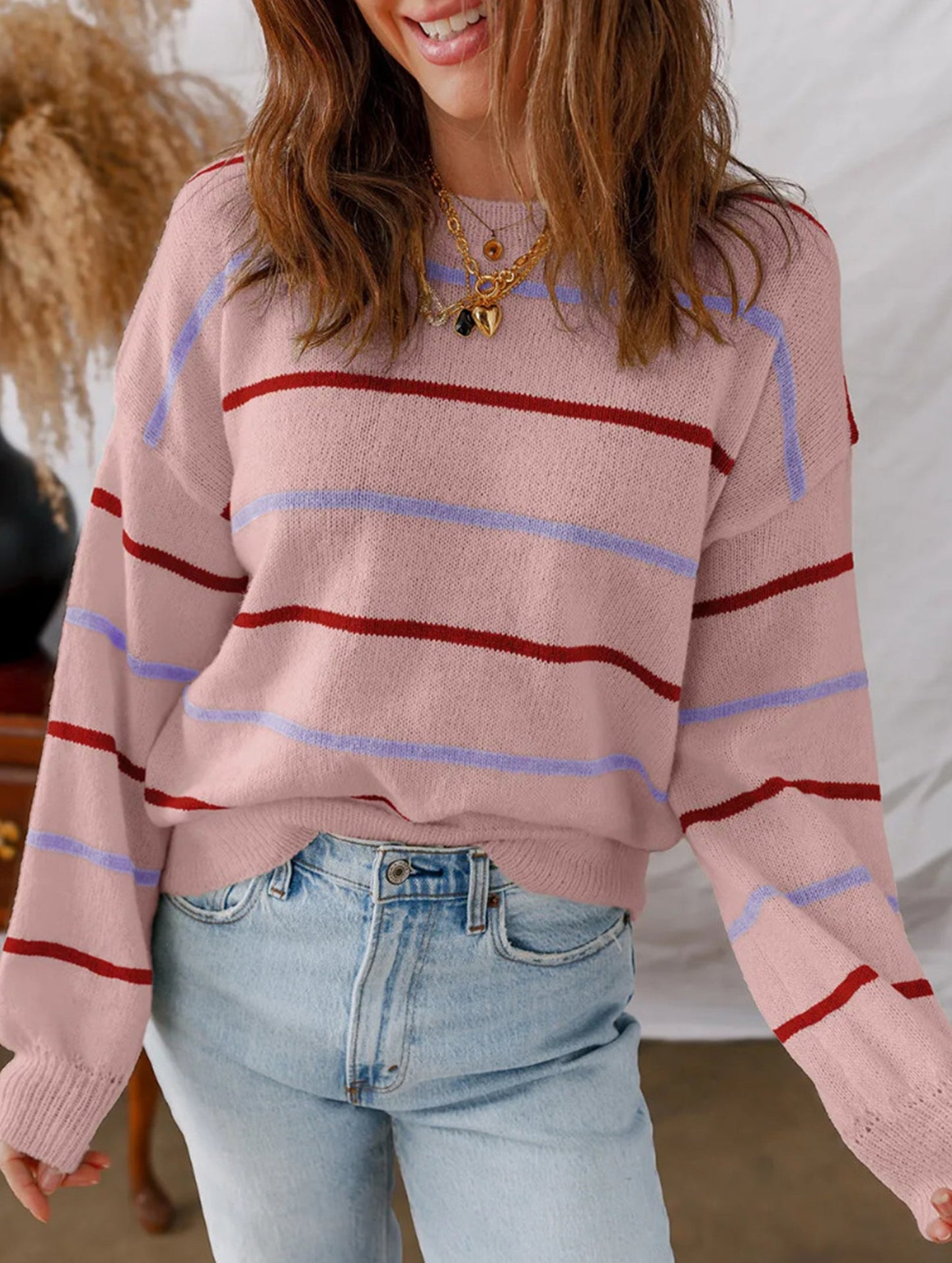 Colorful striped long-sleeved loose sweater