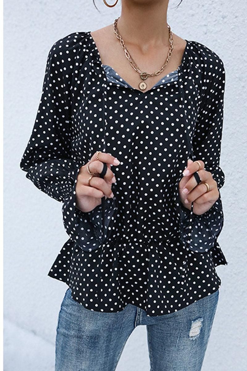 LONG SLEEVE TIED NECK DOT RUFFLE BLOUSE - Doublju