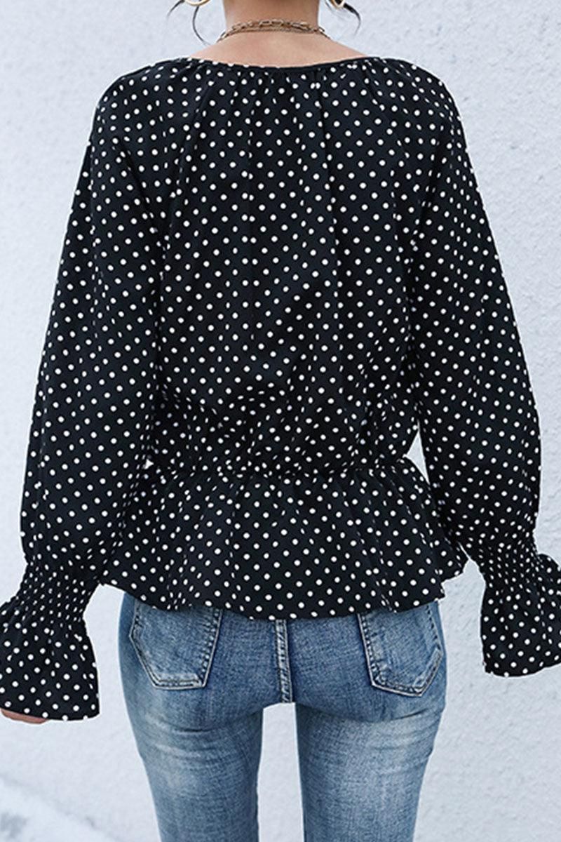 LONG SLEEVE TIED NECK DOT RUFFLE BLOUSE - Doublju