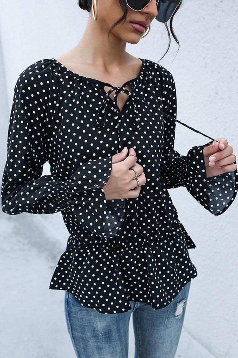 LONG SLEEVE TIED NECK DOT RUFFLE BLOUSE - Doublju
